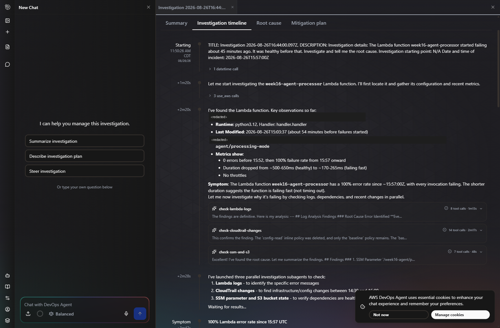 Investigation timeline showing three parallel subagents: check-lambda-logs, check-cloudtrail-changes and check-ssm-and-s3, with tool call counts and durations