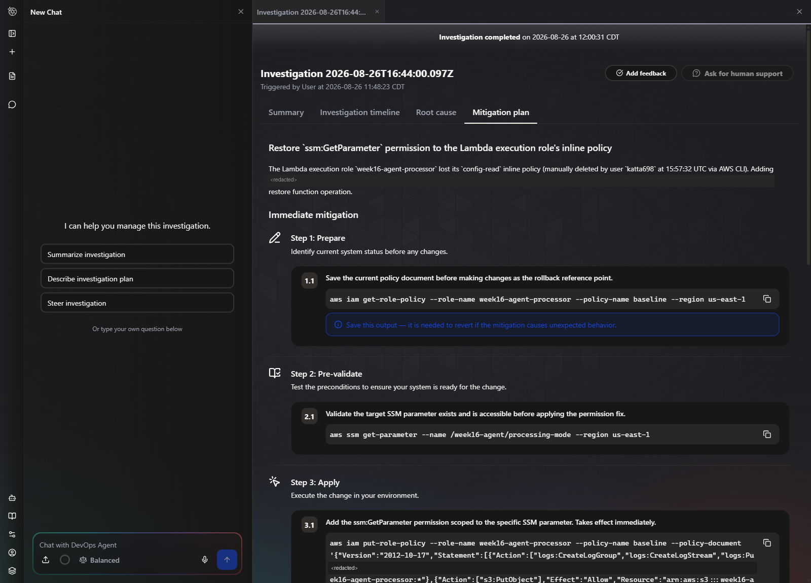 Mitigation plan with prepare, pre-validate and apply steps, each with copyable AWS CLI commands