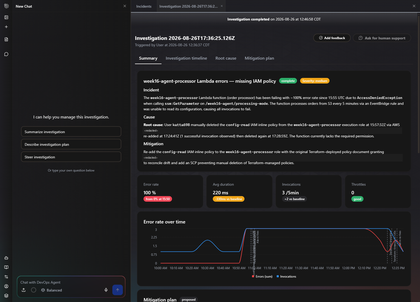 Decoy investigation summary with an error rate chart annotated with both the Terraform timeout change and the IAM policy deletion