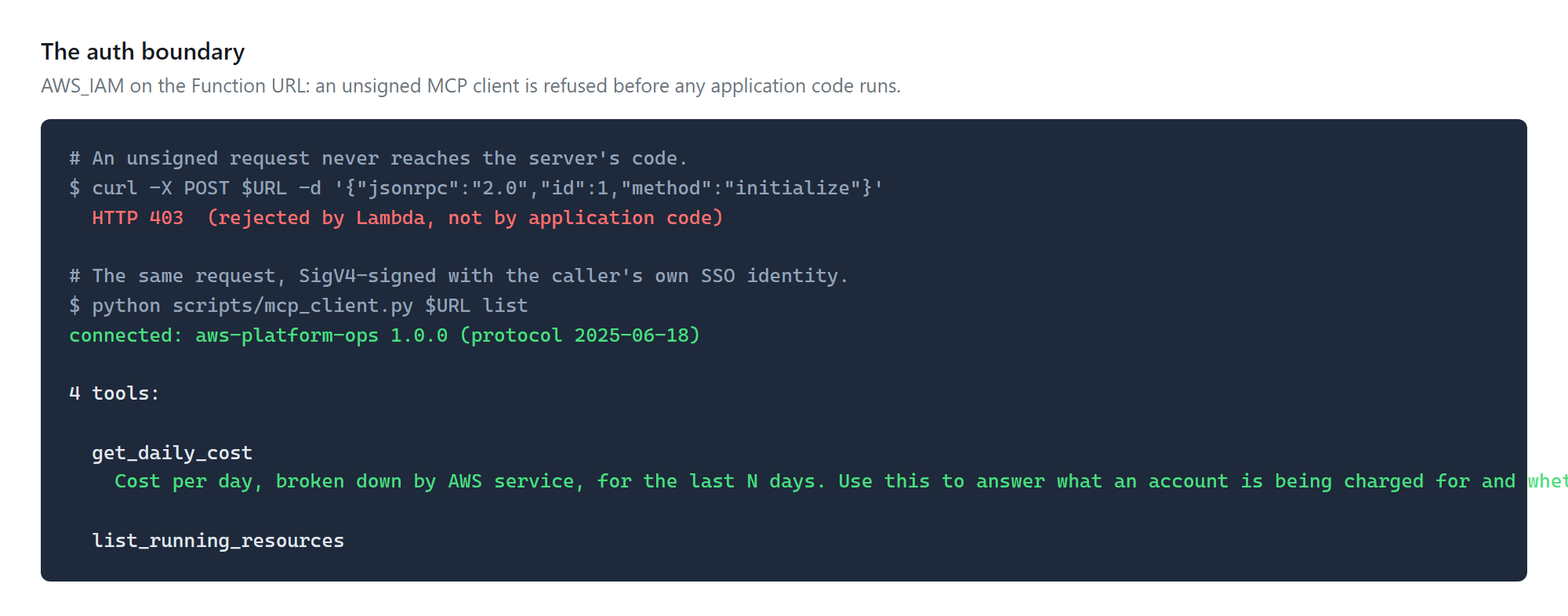 An unsigned curl returns HTTP 403; the same request signed with SigV4 connects and lists four tools
