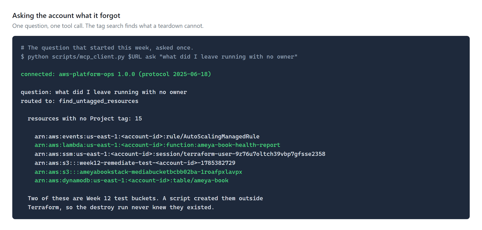 Asking what was left running with no owner returns 15 untagged resources including two Week 12 test buckets