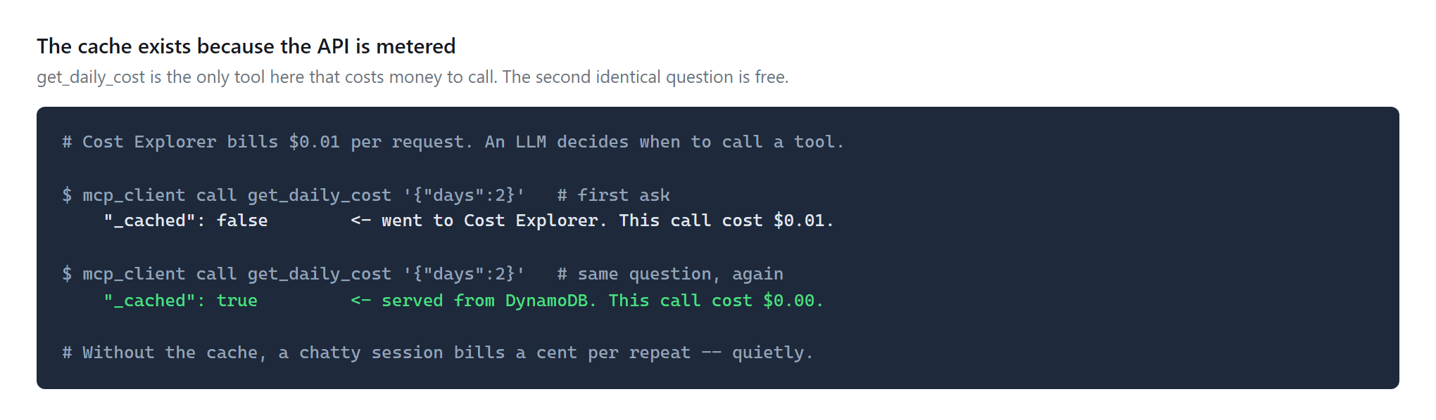 Two identical cost questions: the first shows _cached false and pays a cent, the second shows _cached true and pays nothing