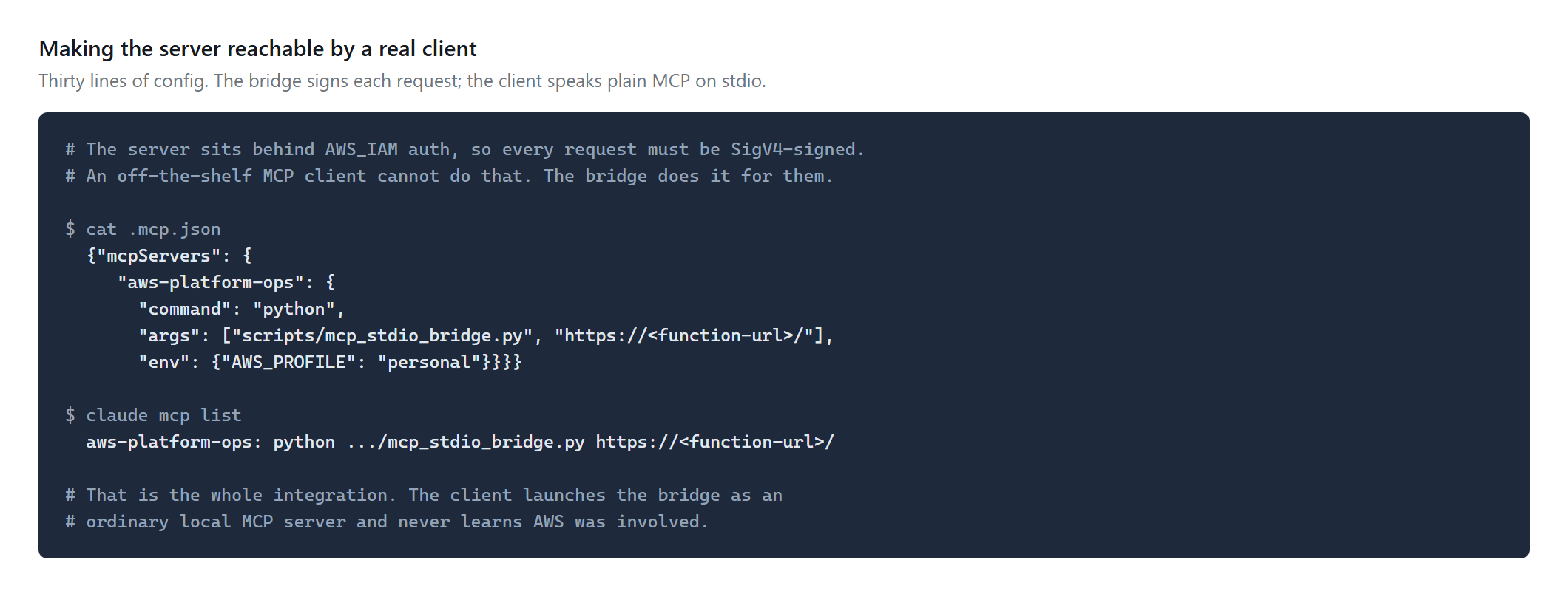The MCP client config registering the bridge, and the client listing it as an available server