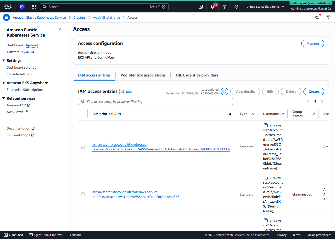 EKS access entries listing the SSO administrator role, with tabs for Pod Identity associations and OIDC identity providers