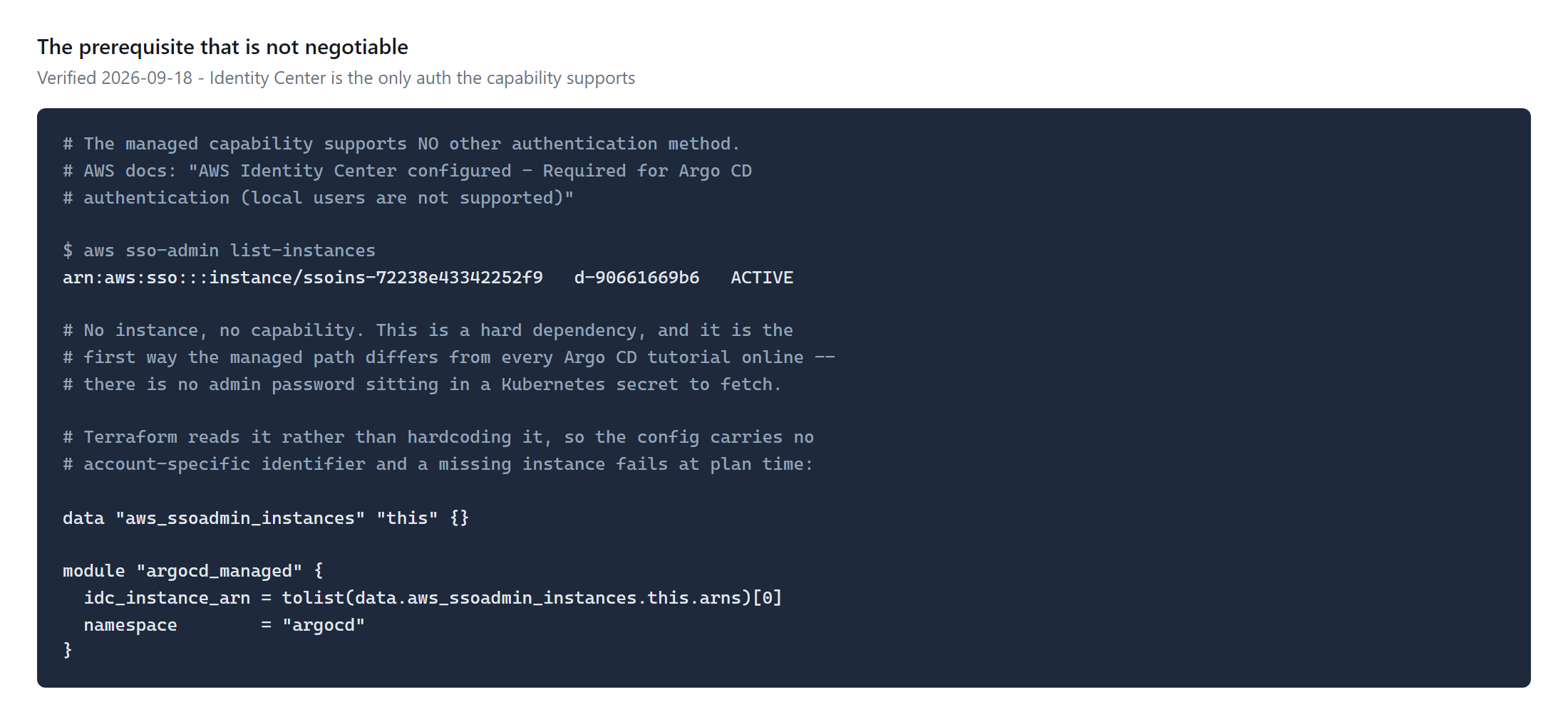 Output of aws sso-admin list-instances showing one ACTIVE Identity Center instance, and the Terraform data source that reads it