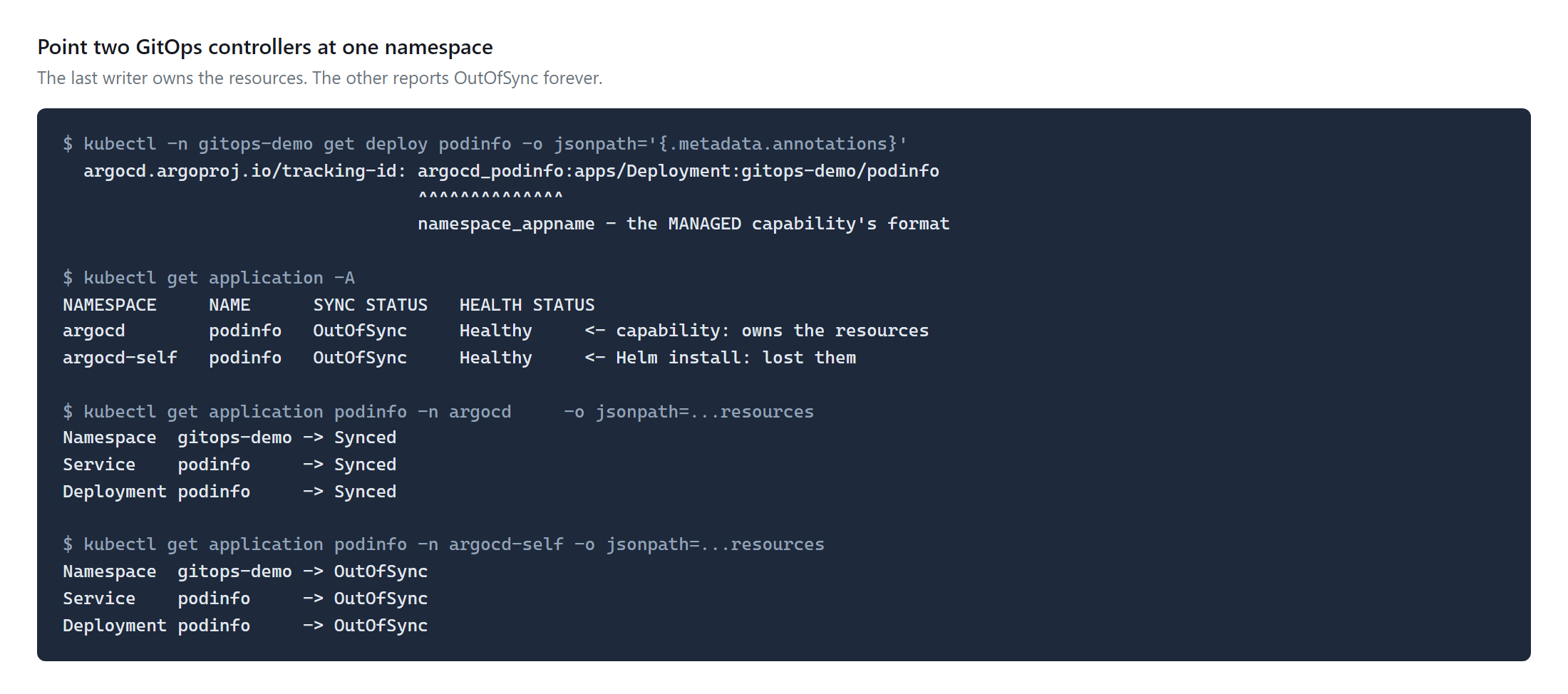 The tracking annotation showing the capability's namespace_appname format, and the two Applications reporting different resource statuses for the same objects