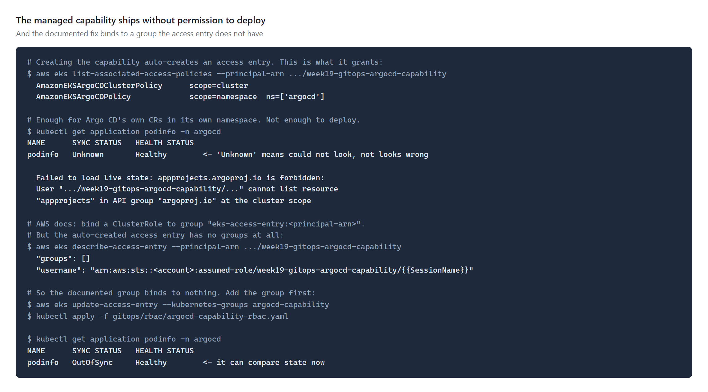 The capability's auto-attached access policies, the forbidden error on appprojects, the empty groups list on the access entry, and the Application moving from Unknown to OutOfSync after the group is added