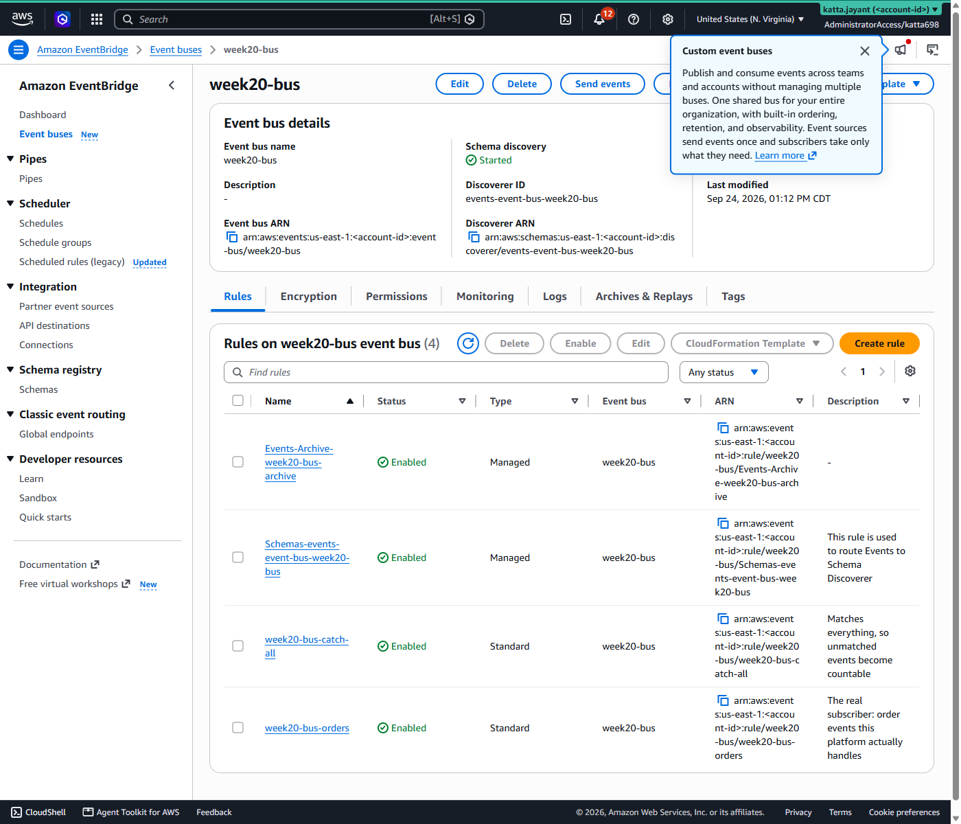 EventBridge console showing week20-bus with schema discovery Started and four rules, two of them Managed