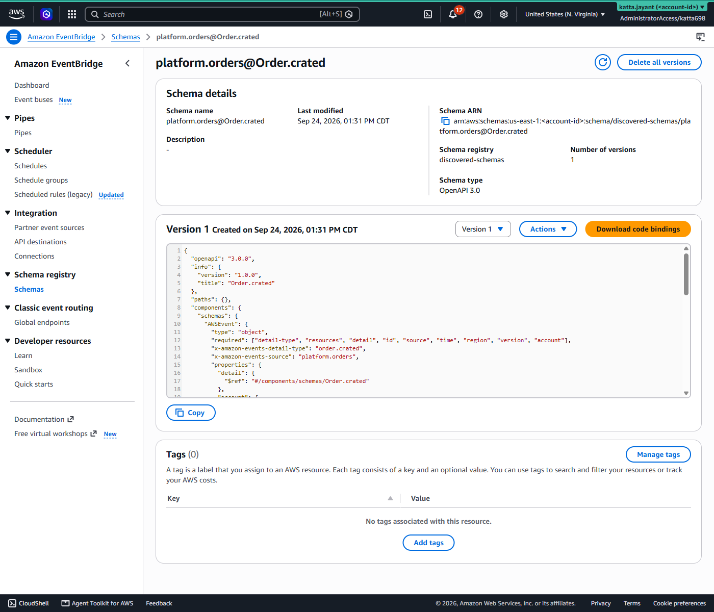 EventBridge schema registry showing platform.orders@Order.crated, the typo, with a full OpenAPI 3.0 definition