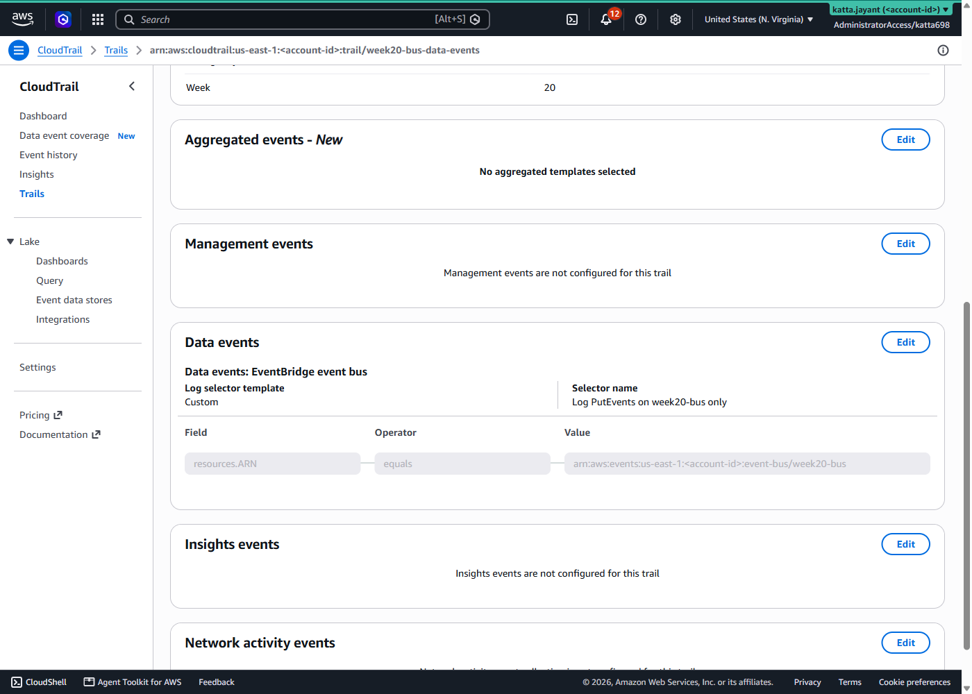 CloudTrail trail detail page: management events not configured, data events set to EventBridge event bus with a custom selector reading Log PutEvents on week20-bus only