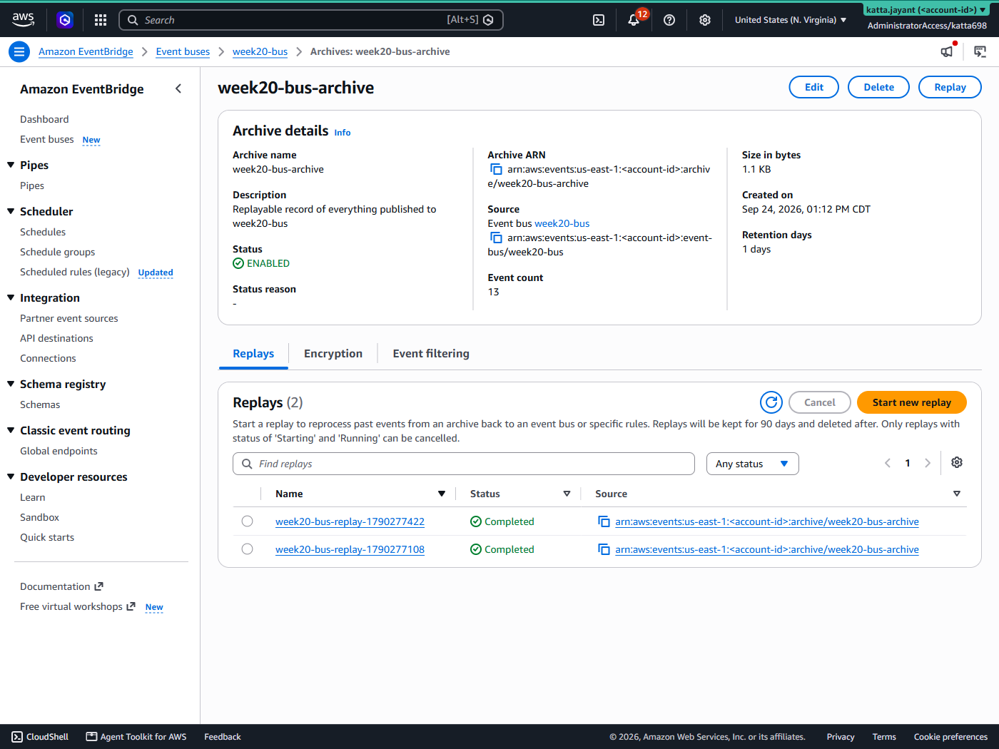 EventBridge console archive detail for week20-bus-archive: 13 events, 1.1 KB, one day retention, and a Replays tab listing two replays both Completed