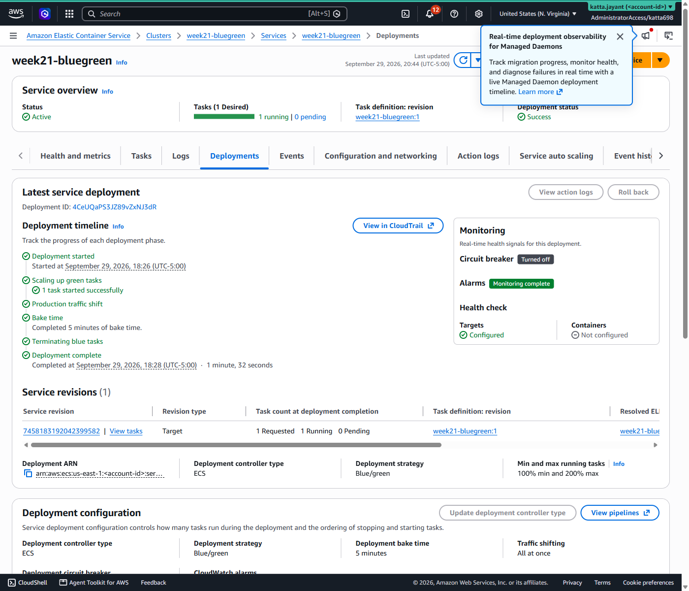 The ECS service in the console showing deployment strategy blue/green with a five minute bake time