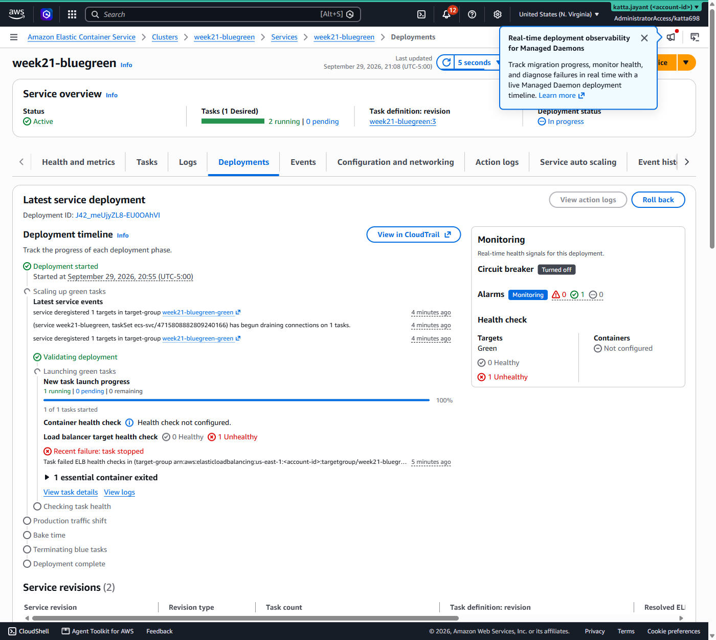 The ECS console showing the new deployment failing, with the target reported unhealthy due to a response code mismatch