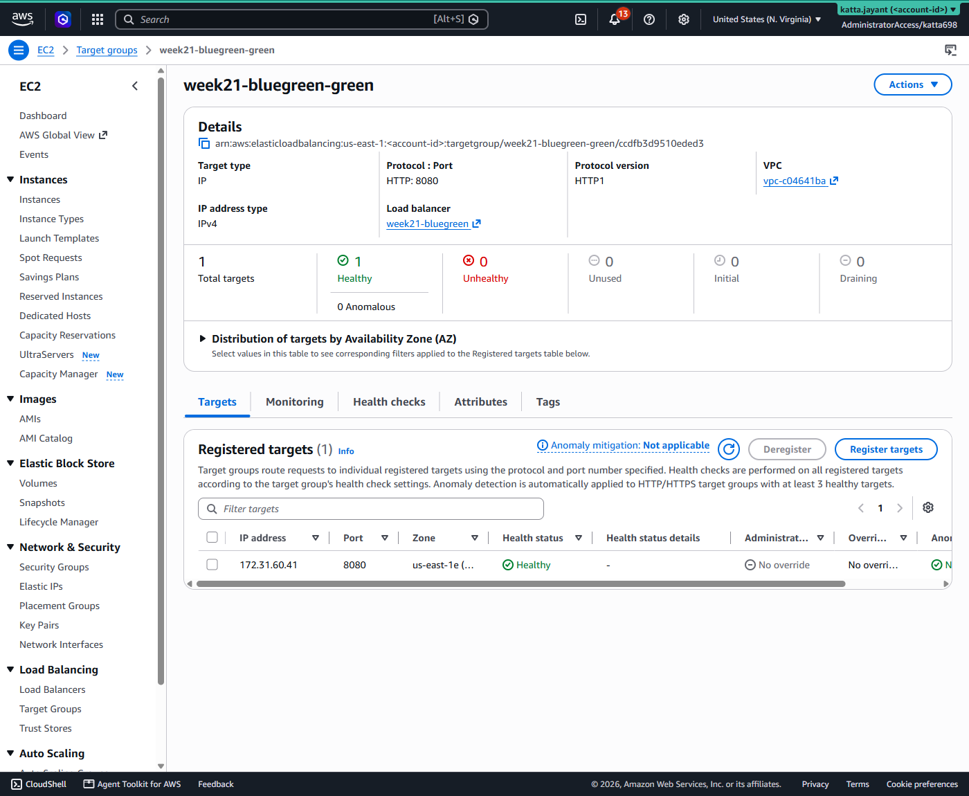 The green target group in the AWS console with one registered task, showing 1 healthy and 0 unhealthy on port 8080