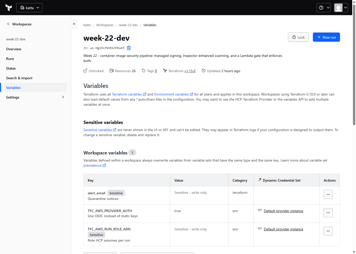 The HCP Terraform workspace variables page for week-22-dev showing TFC_AWS_PROVIDER_AUTH and a sensitive TFC_AWS_RUN_ROLE_ARN, with no static access keys
