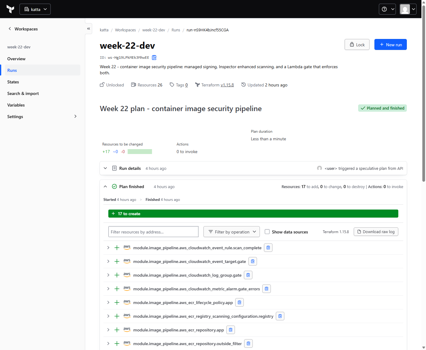 The HCP Terraform plan for week-22-dev showing 17 resources to add, 0 to change, 0 to destroy