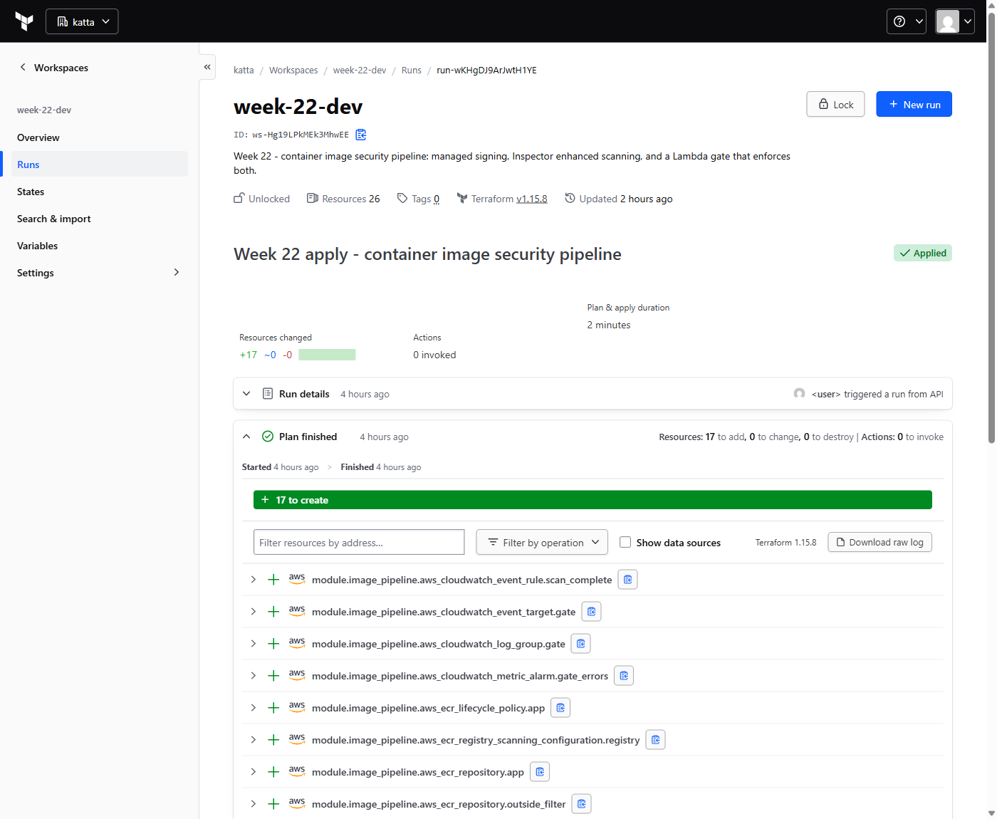 The applied HCP Terraform run for week-22-dev showing plus 17 resources and the module resource list