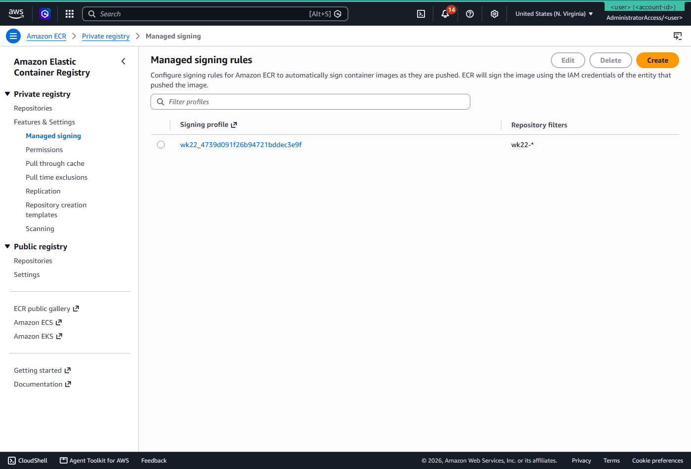 The ECR managed signing rules page showing one rule with signing profile wk22_4739d091f26b94721bddec3e9f and repository filter wk22-star