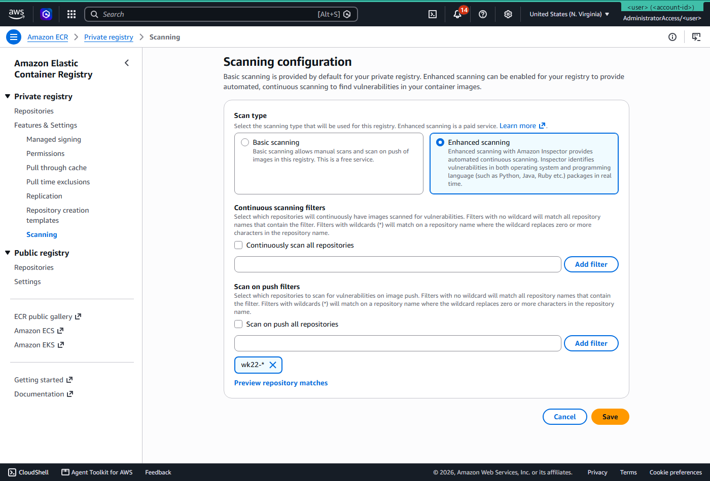 The ECR registry scanning configuration page showing enhanced scanning with a scan-on-push rule filtered to repositories beginning wk22