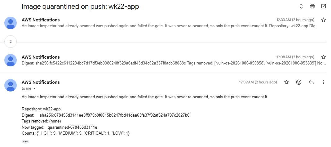 The quarantine notification email showing the repository, image digest, tags removed, the new quarantined tag and the finding severity counts