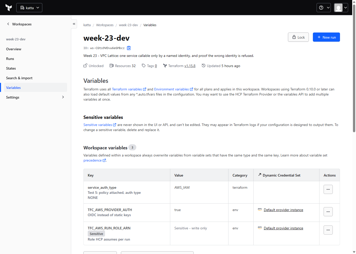 HCP Terraform workspace variables for week-23-dev showing OIDC provider auth and a sensitive run role ARN, with no static access keys