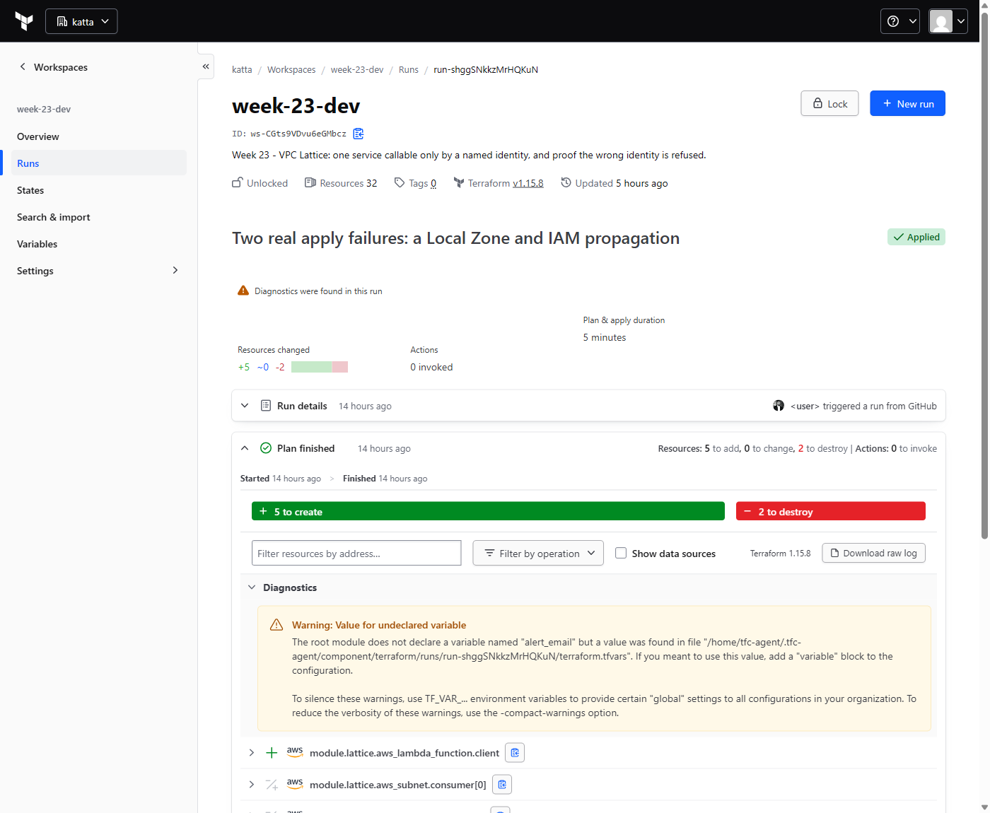 The applied HCP Terraform run for week-23-dev