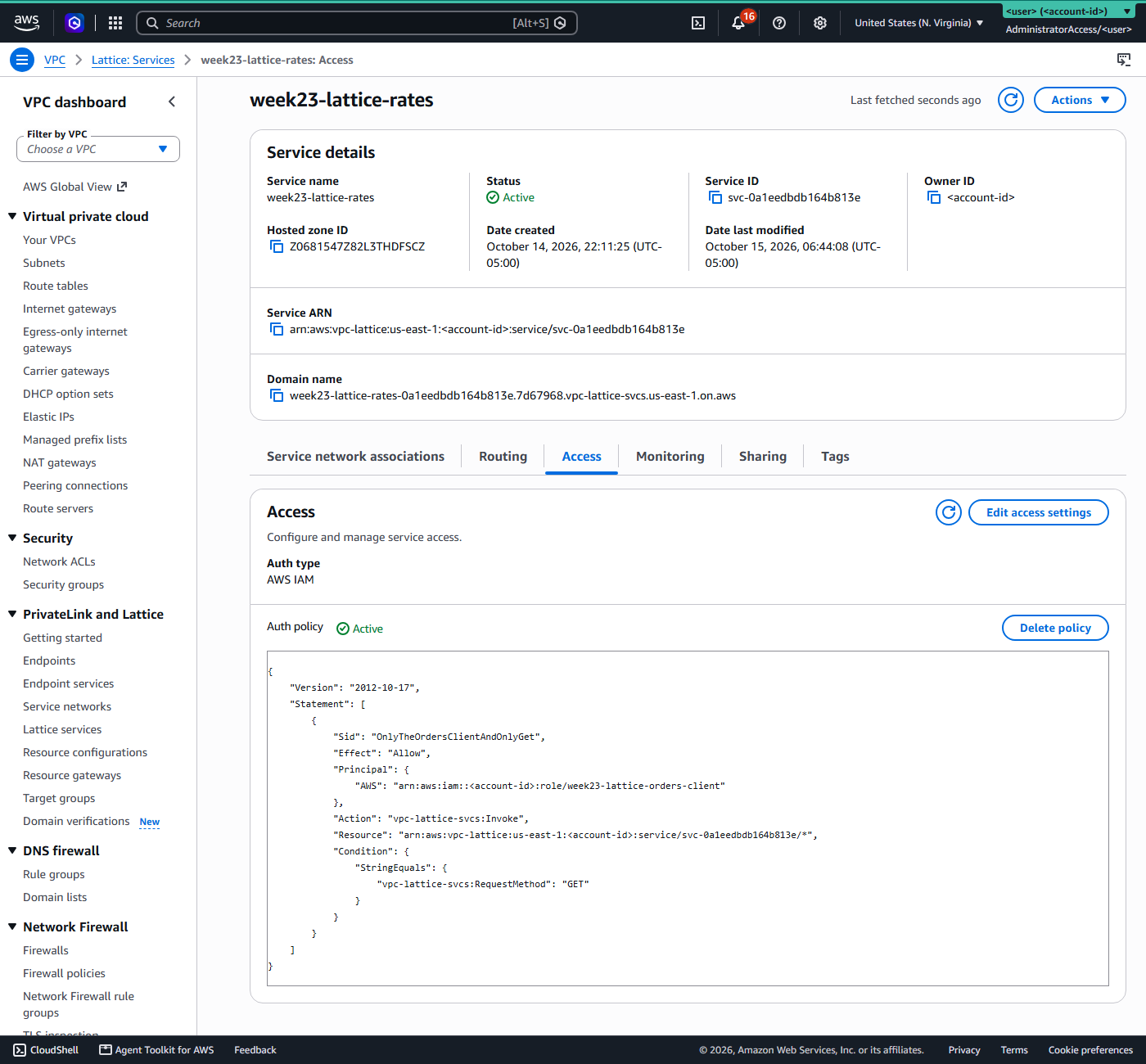 The VPC Lattice console showing the rates service Access tab: auth type AWS IAM, the auth policy reporting Active, and the policy JSON naming the orders-client role and a condition restricting the request method to GET