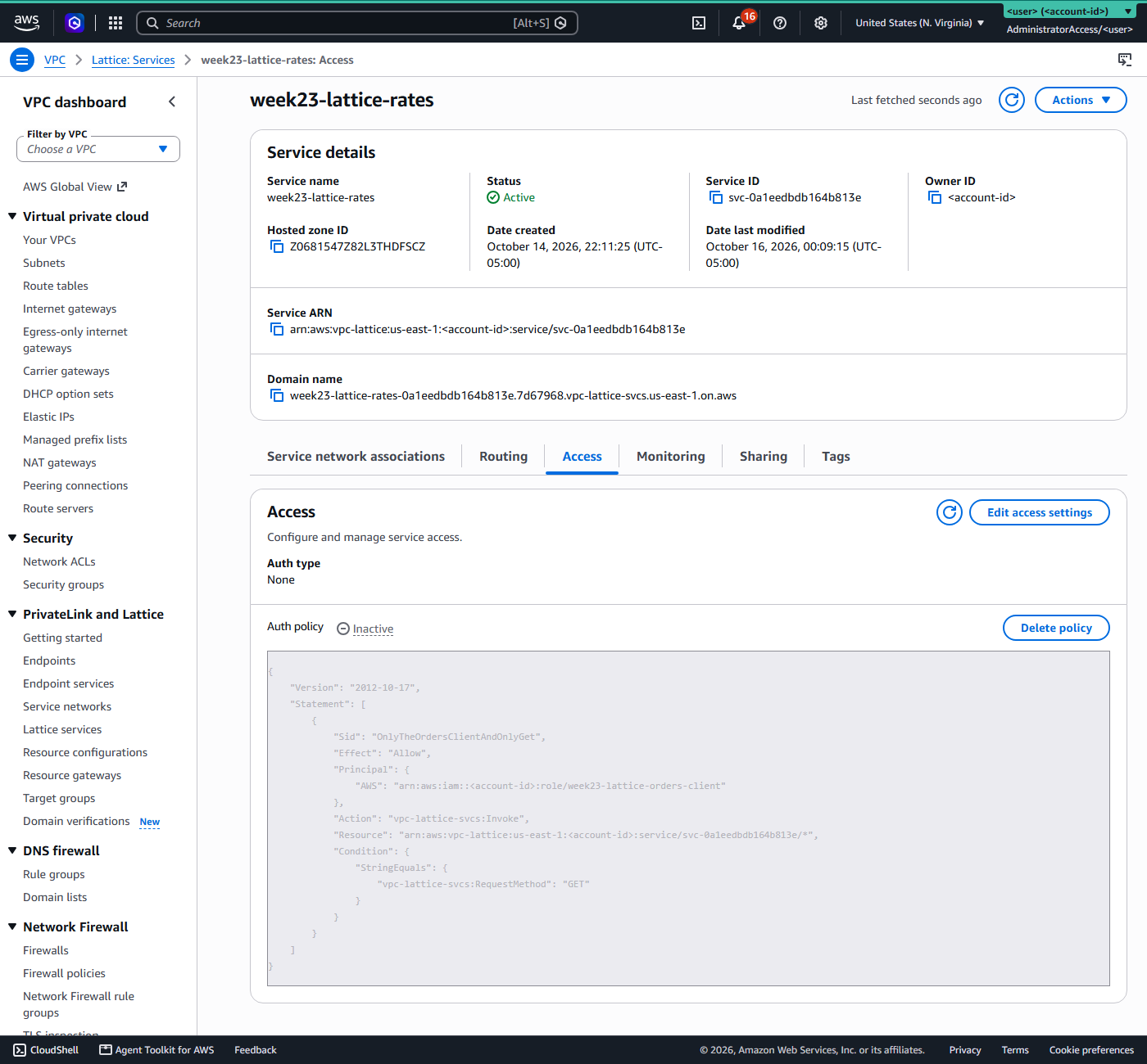 The same console Access tab as earlier, now with auth type None: the identical policy JSON is still attached and still listed, but greyed out and labelled Inactive, while the service itself still reports status Active