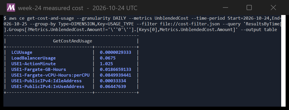 Terminal running an AWS Cost Explorer query that returns seven usage types: ActionMinute 1.025, LoadBalancerUsage 0.0675, PublicIPv4 InUseAddress 0.0645, Fargate vCPU-hours 0.0850, Fargate GB-hours 0.0187, idle IPv4 0.0003 and LCU usage effectively zero
