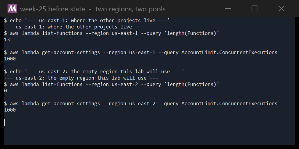 A terminal showing us-east-1 with 13 Lambda functions and us-east-2 with 0.
