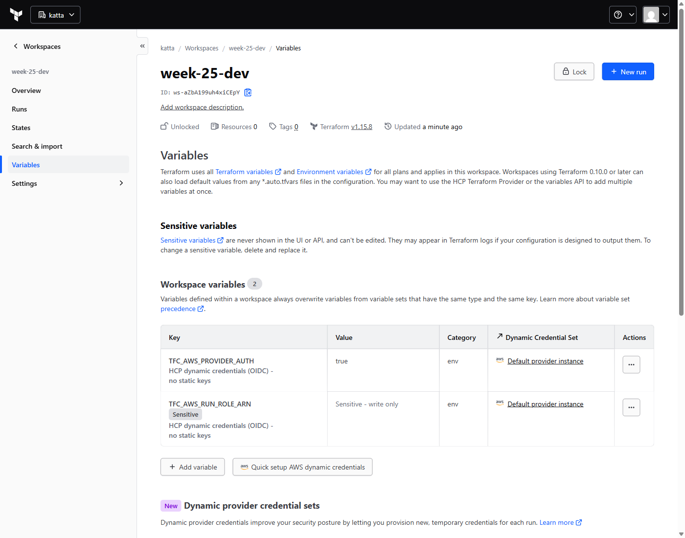 HCP Terraform workspace variables showing OIDC provider auth and a sensitive run role ARN.