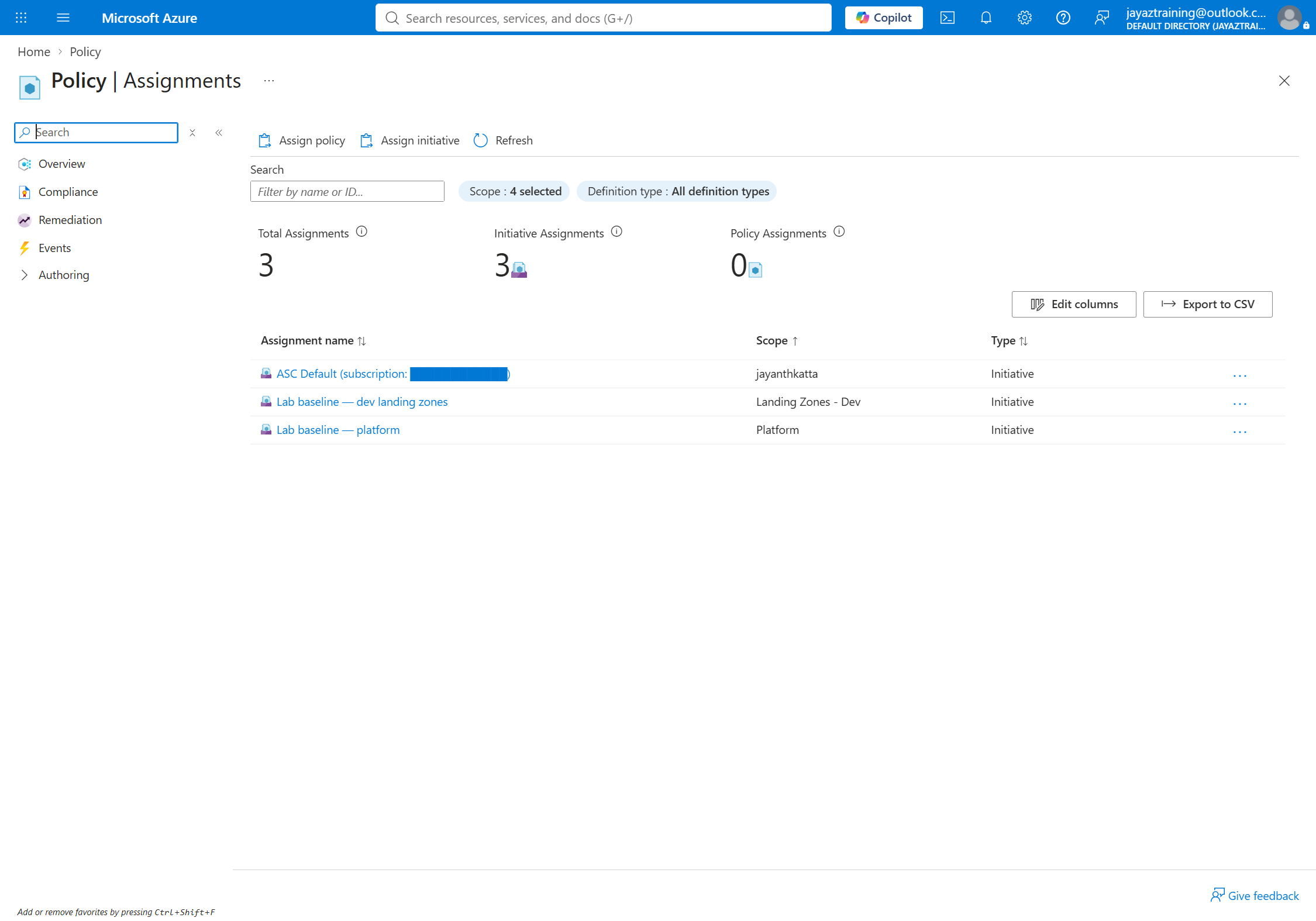 Azure Policy assignments blade listing two Lab baseline initiative assignments scoped to Landing Zones - Dev and Platform