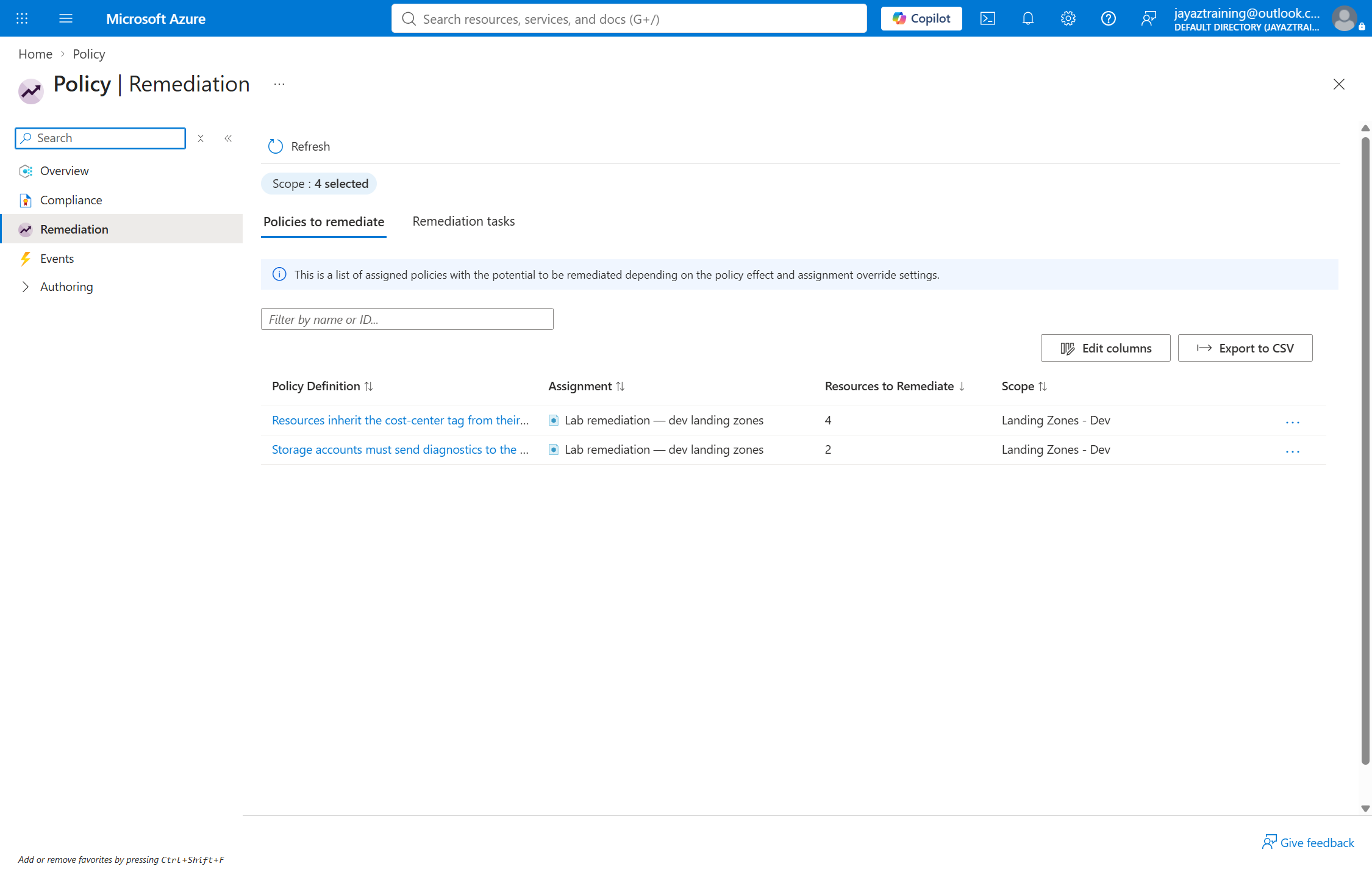 Azure Policy Remediation blade listing two policies with four and two resources to remediate at Landing Zones - Dev