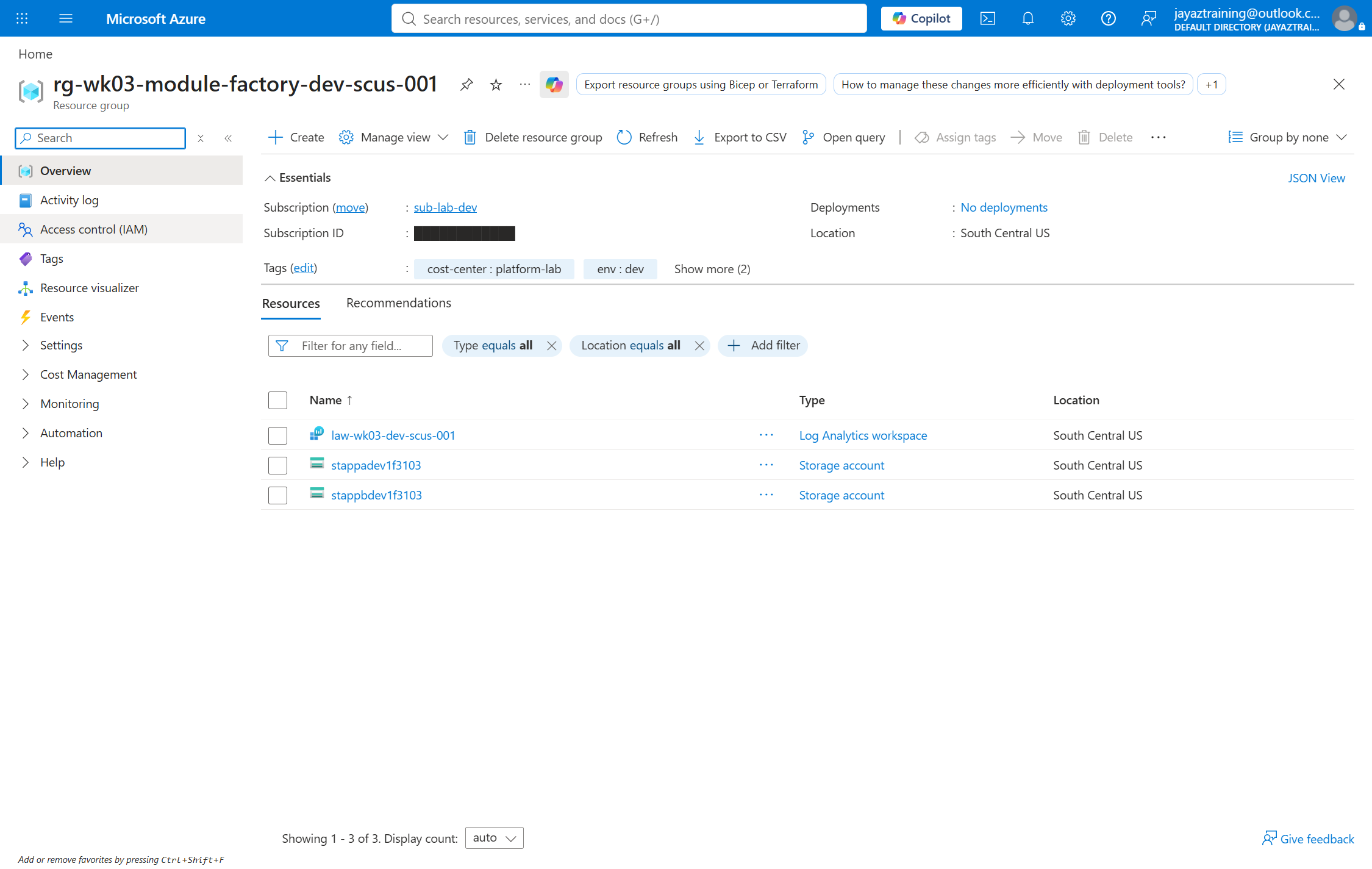 Azure portal resource group blade showing two storage accounts and a Log Analytics workspace