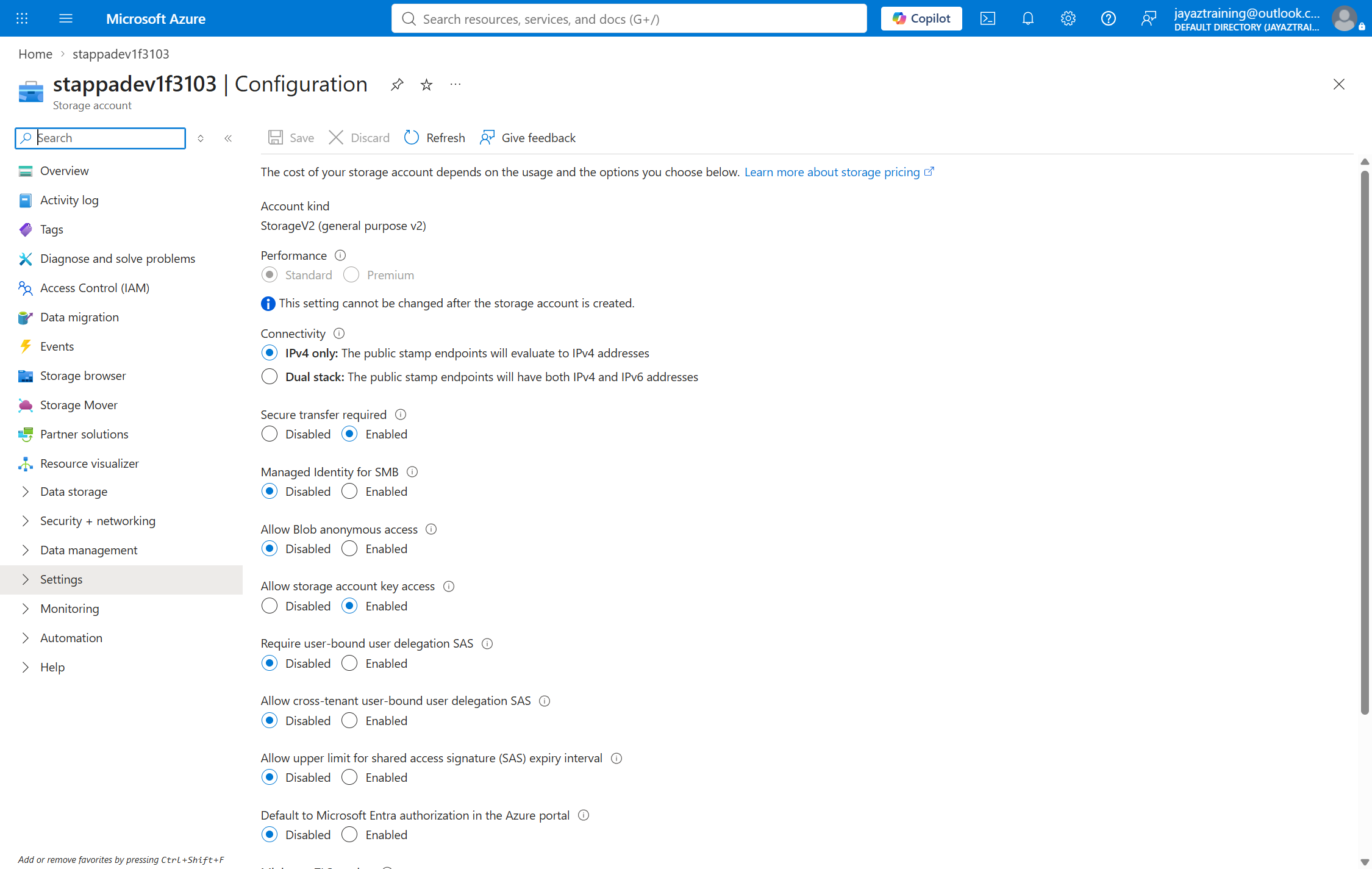 Azure portal storage account configuration blade with Allow storage account key access set to Enabled