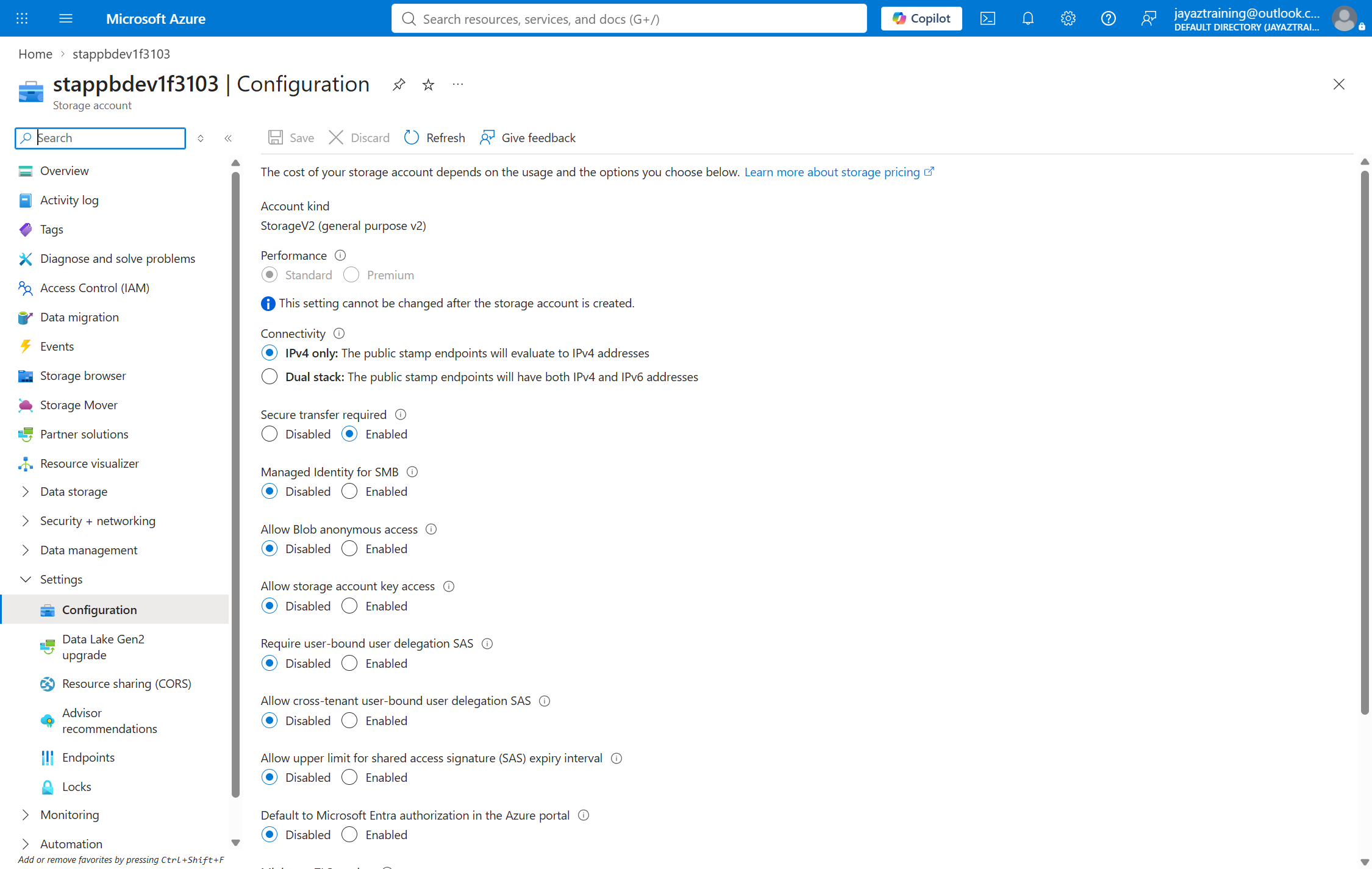 Azure portal storage account configuration blade with Allow storage account key access set to Disabled