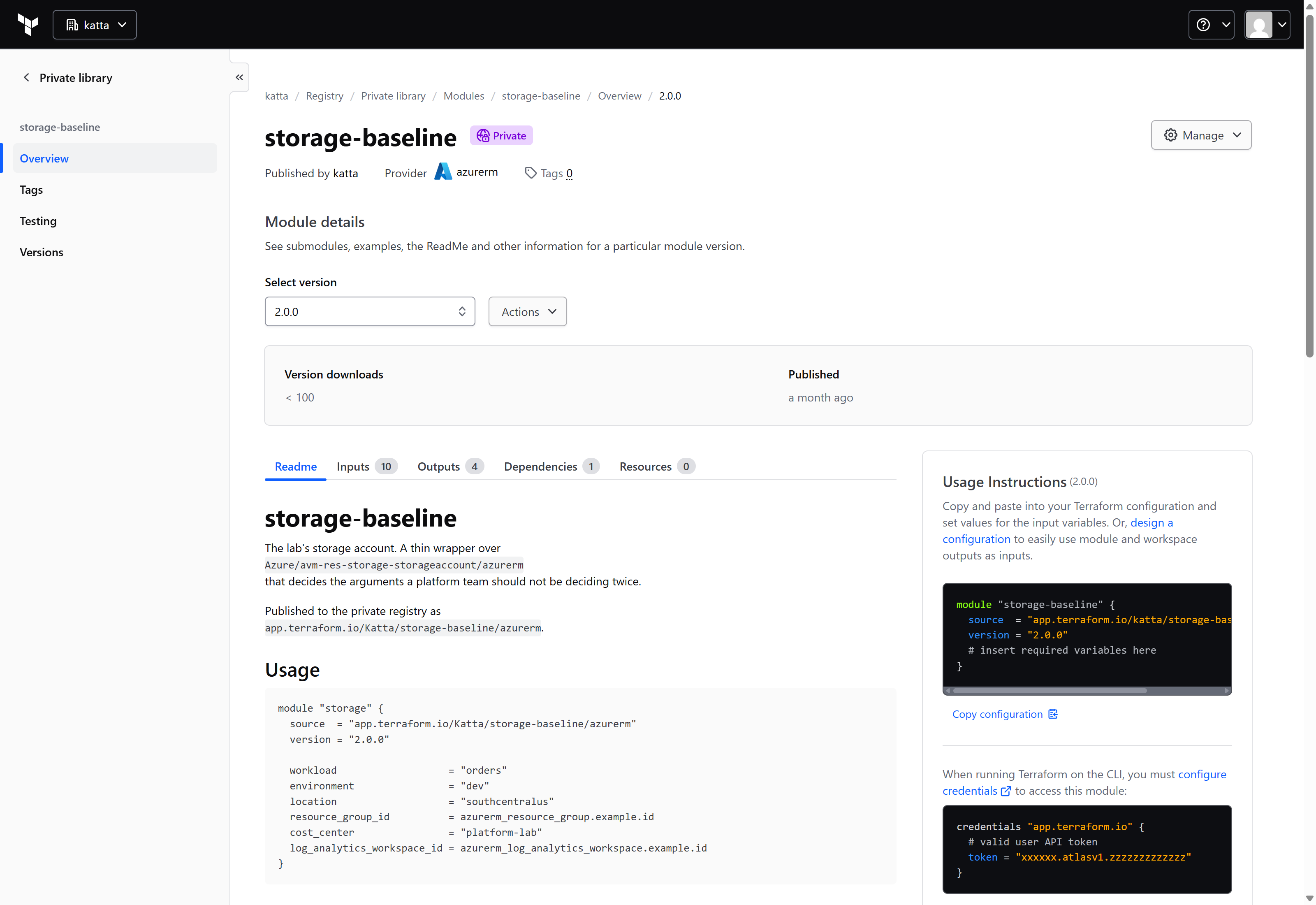 The storage-baseline module in the HCP Terraform private registry, marked Private, provider azurerm, version 2.0.0 selected, with its README and the usage block showing the app.terraform.io source address