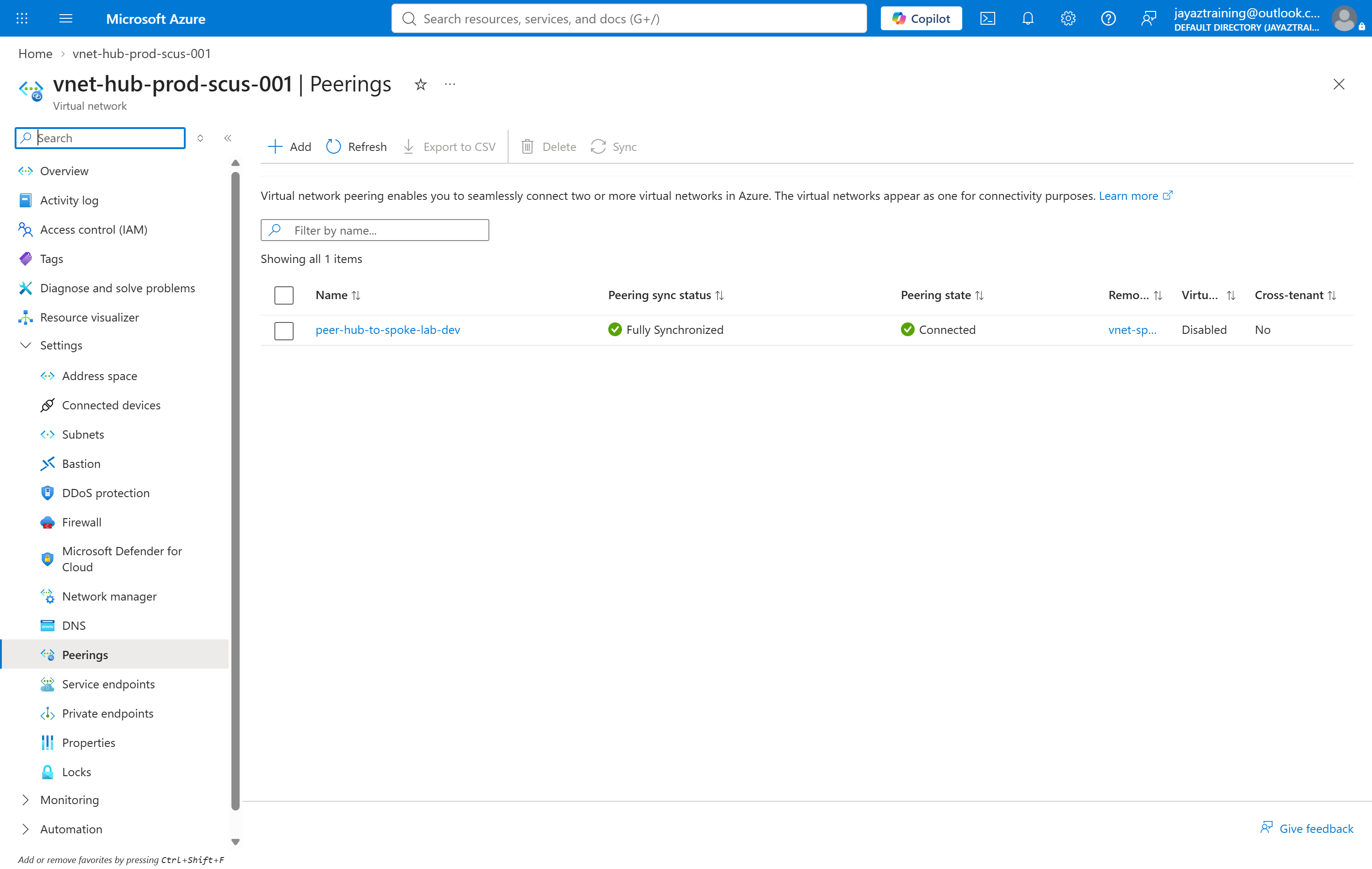 Azure portal peerings blade for the hub virtual network showing peer-hub-to-spoke-lab-dev as Fully Synchronized and Connected