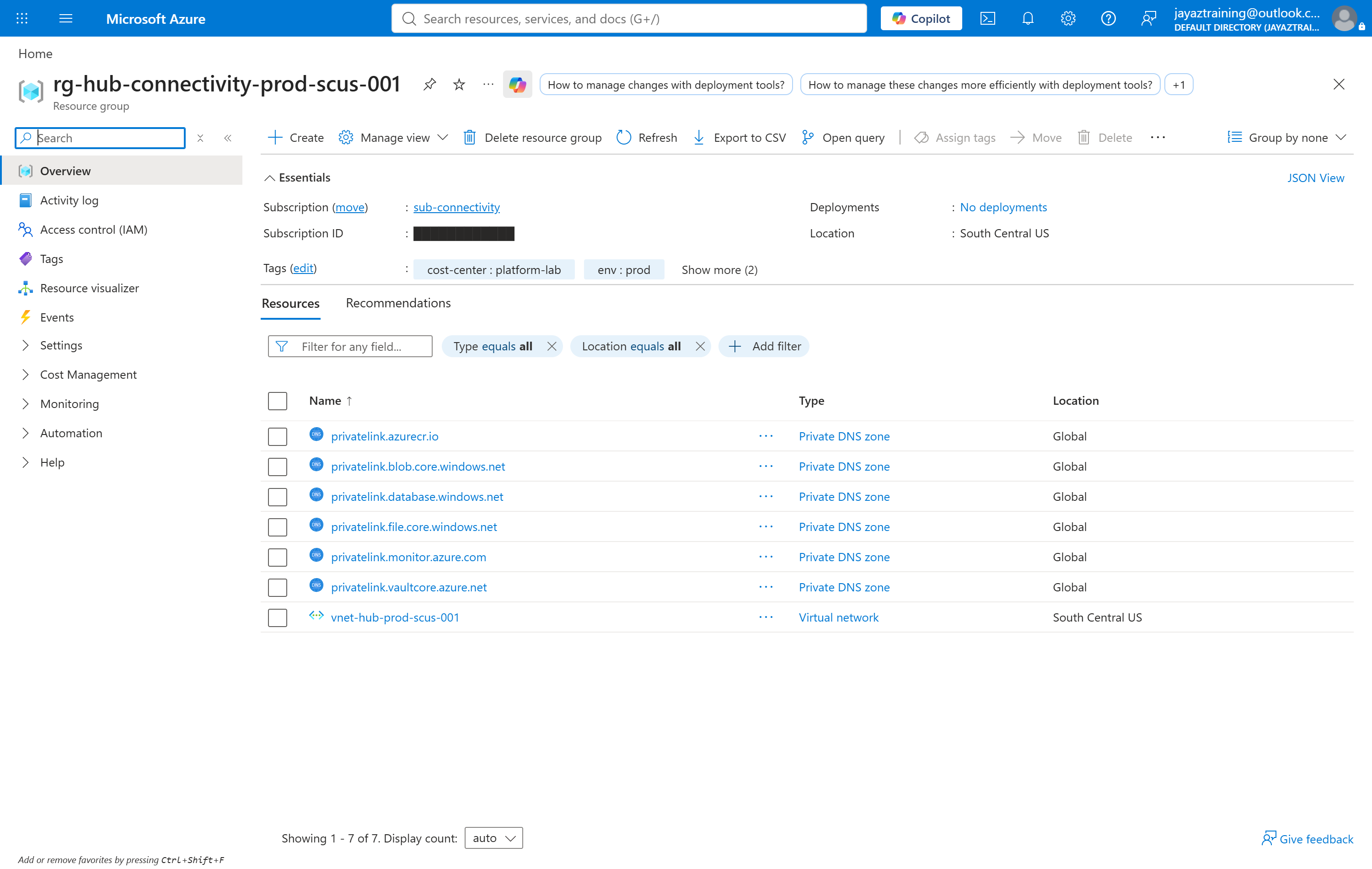 Azure portal resource group showing six privatelink private DNS zones and the hub virtual network