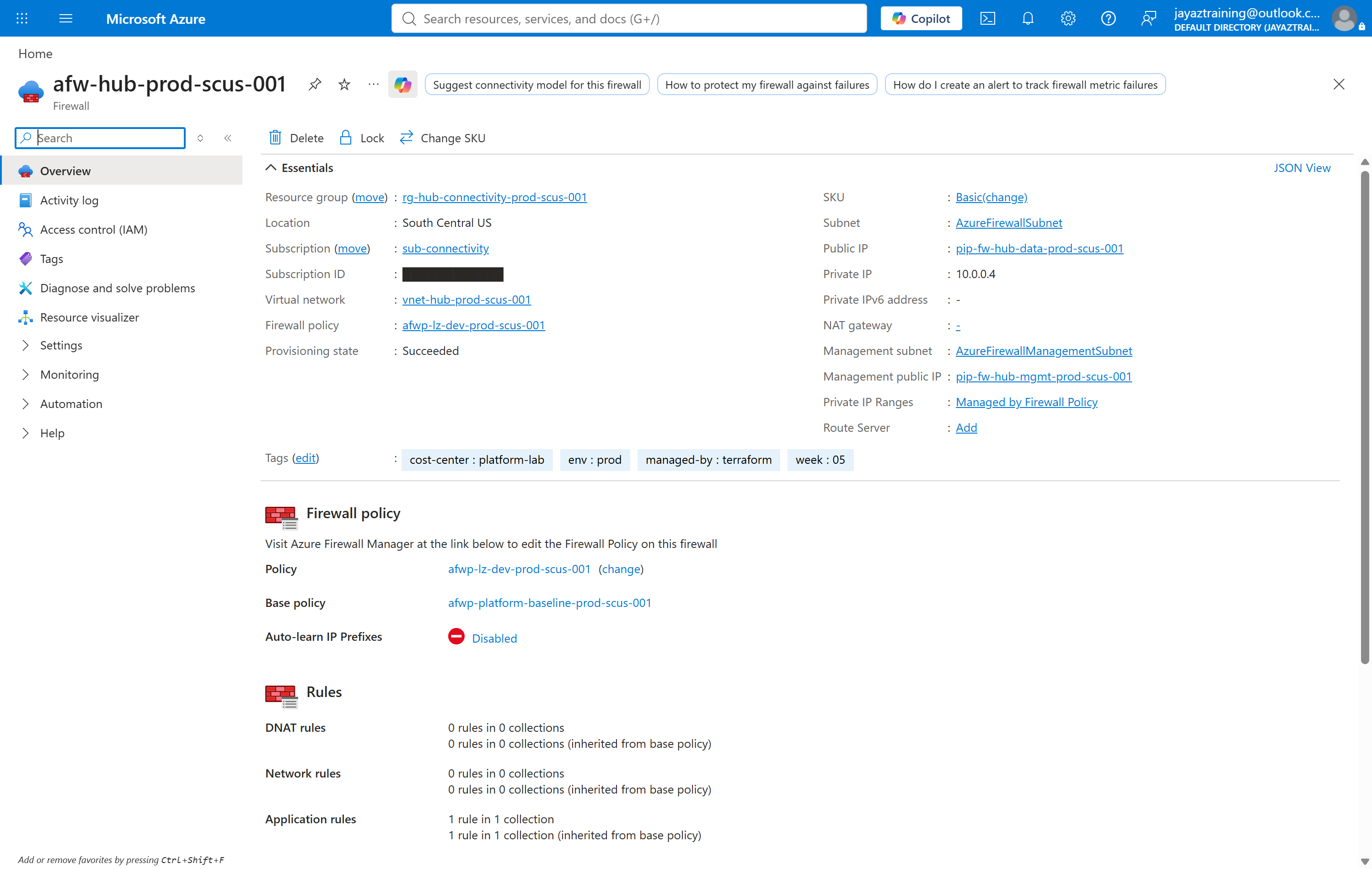 Azure portal Azure Firewall overview showing SKU Basic, AzureFirewallSubnet and AzureFirewallManagementSubnet, both public IPs, private IP 10.0.0.4, and a base policy with one inherited rule collection