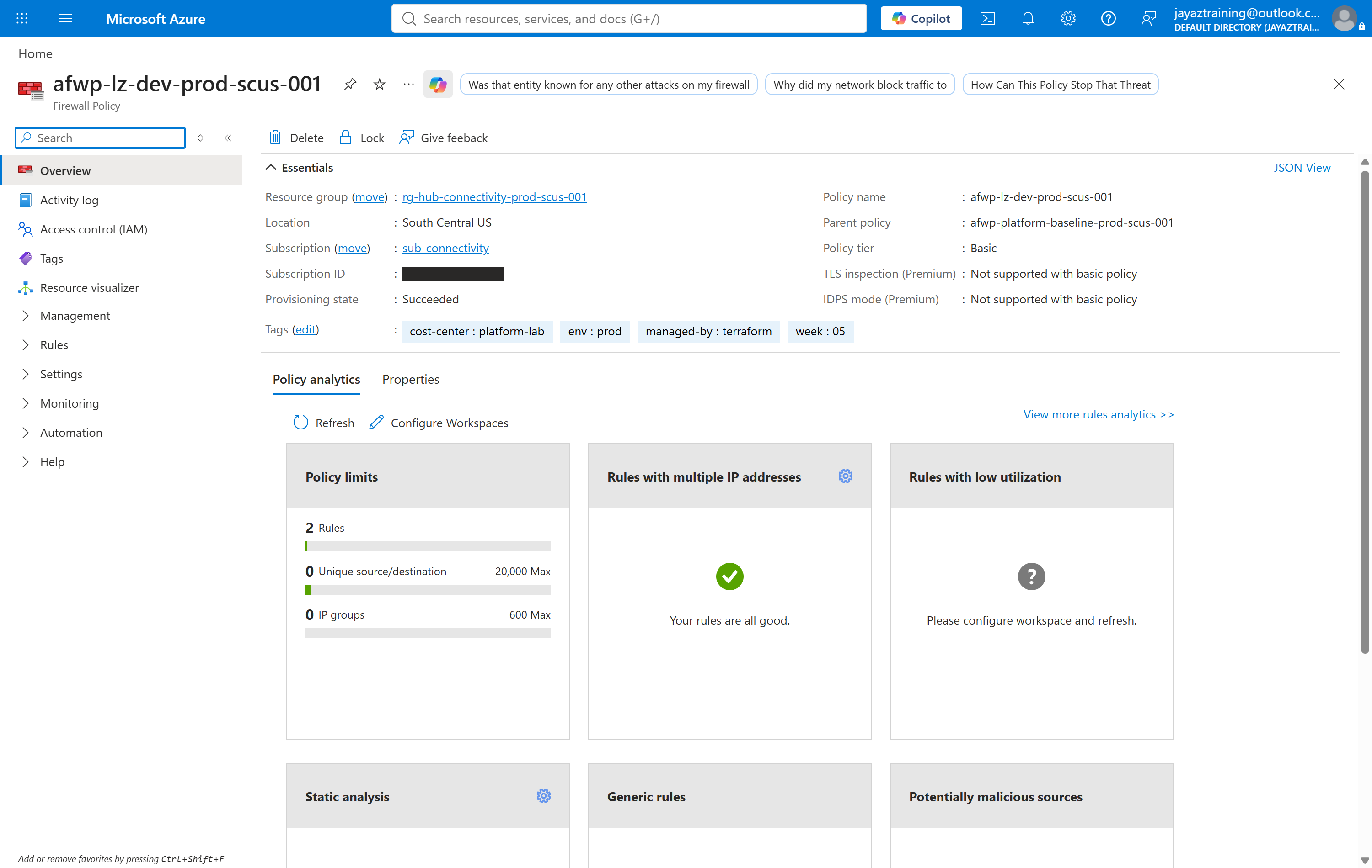 Azure portal firewall policy overview showing the child policy with its parent policy named, policy tier Basic, and TLS inspection and IDPS listed as not supported with basic policy