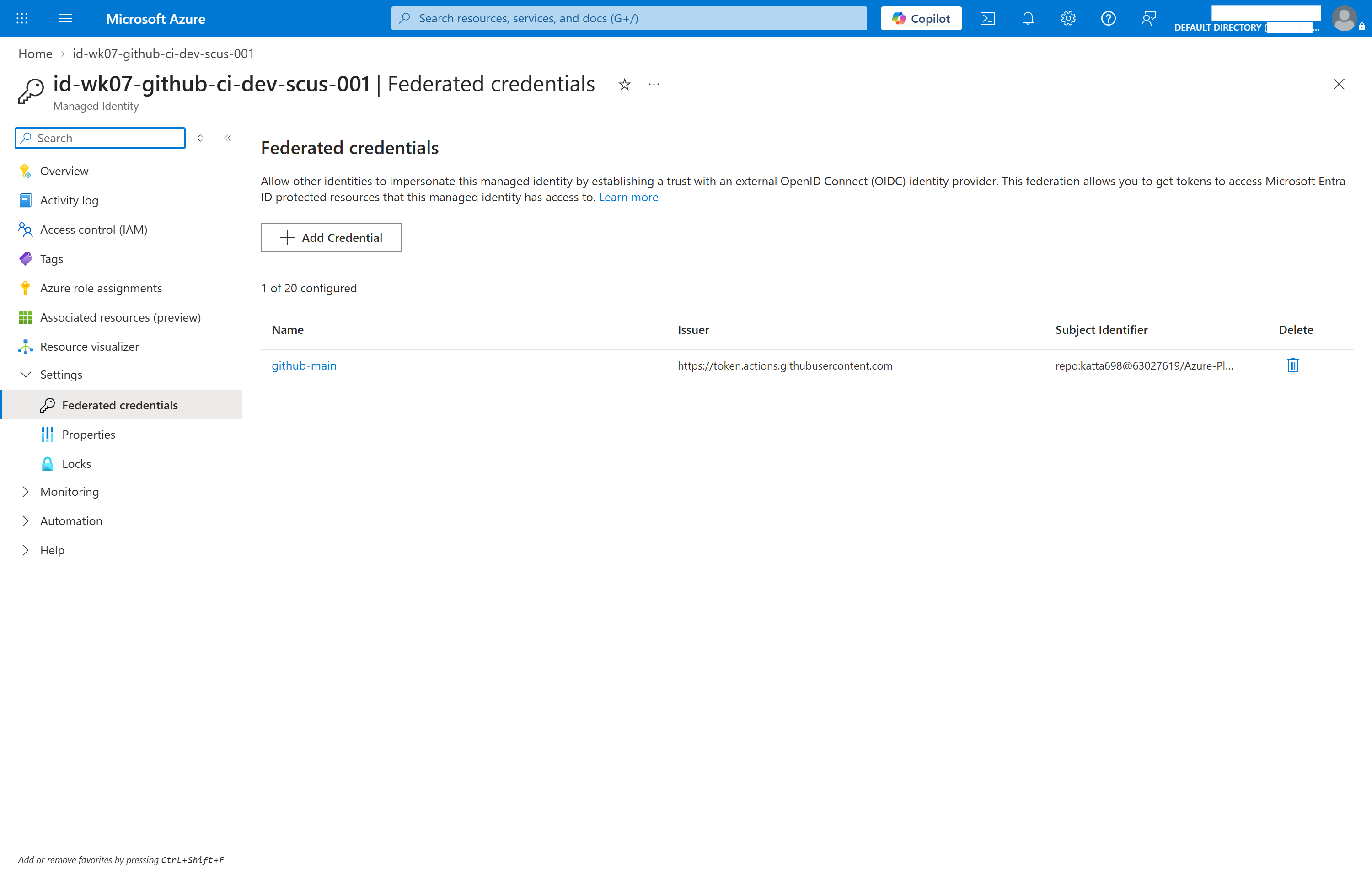 Azure portal federated credentials blade showing one credential named github-main, issuer token.actions.githubusercontent.com, and a subject identifier beginning repo:katta698@63027619