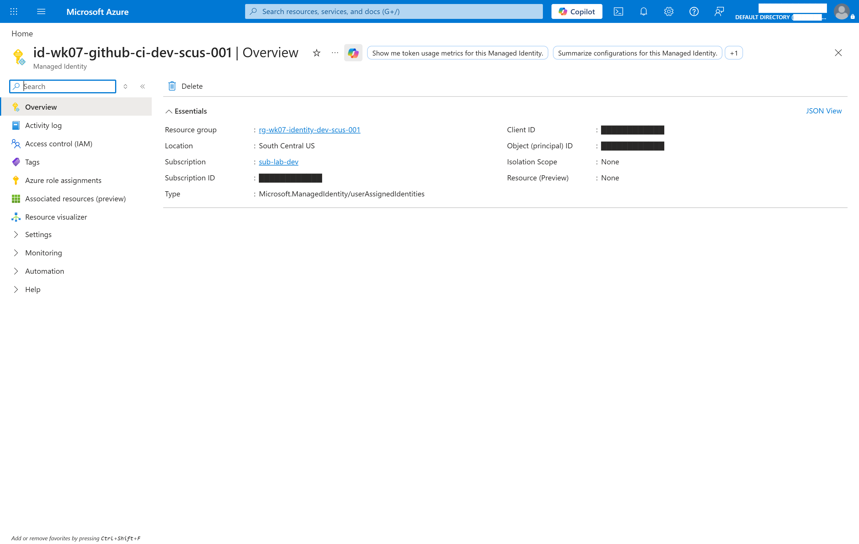 Azure portal overview for the user-assigned managed identity id-wk07-github-ci-dev-scus-001, showing its resource group, location and type, with client ID and object ID redacted