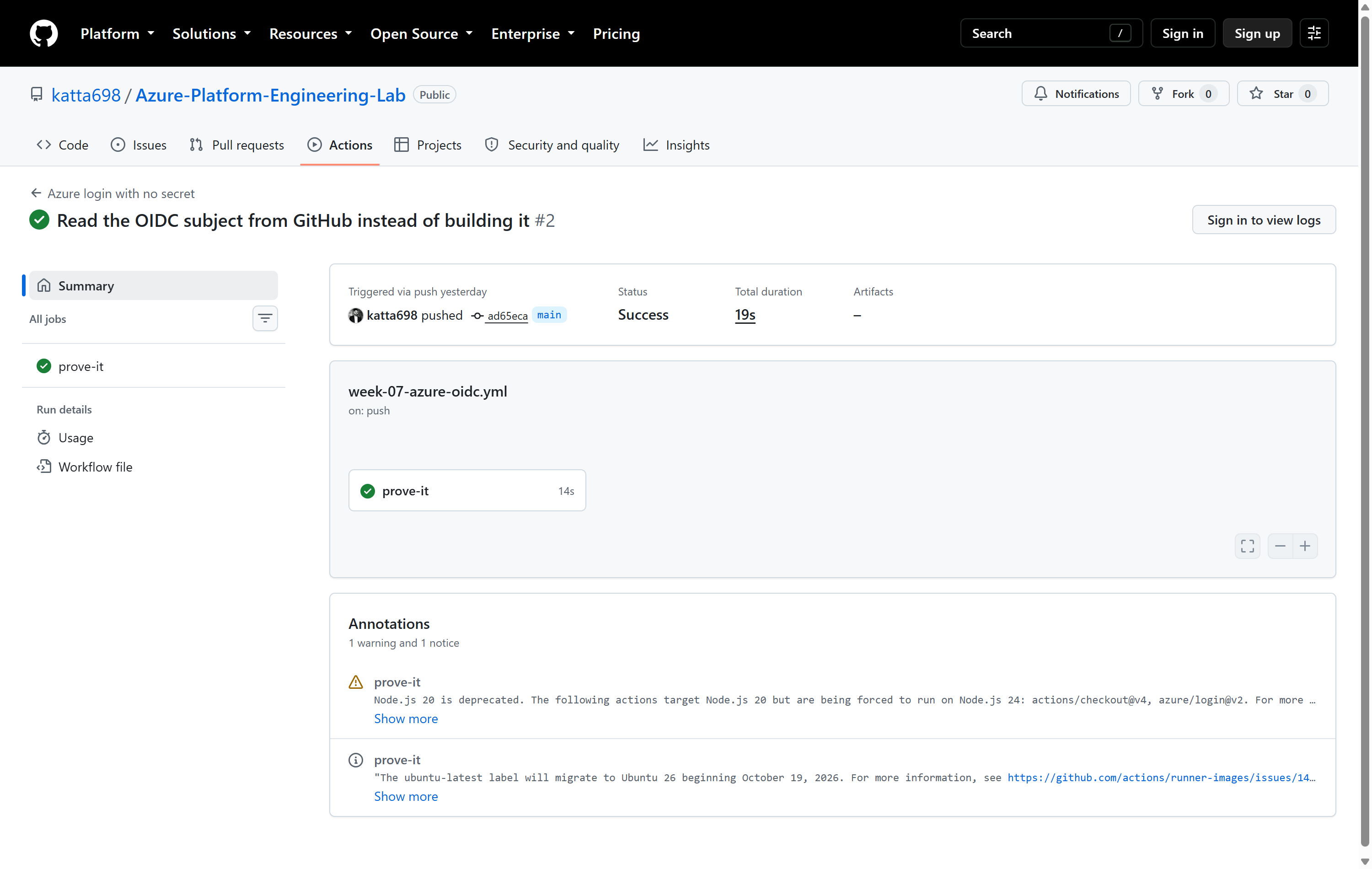 GitHub Actions run summary for the workflow named Azure login with no secret, showing status Success, a single job called prove-it, and a total duration of 19 seconds