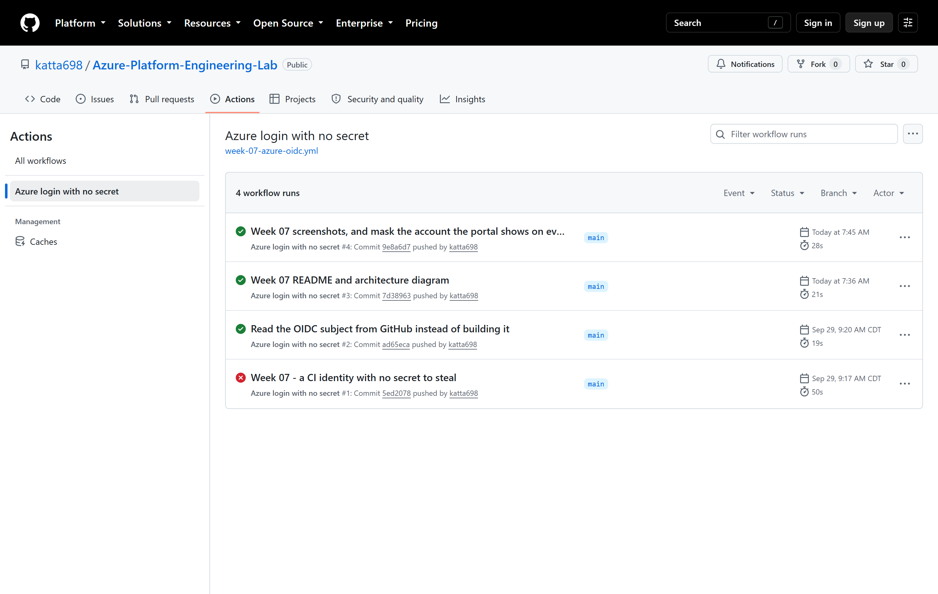 GitHub Actions run history for the workflow, showing the first run failed and the following run, titled Read the OIDC subject from GitHub instead of building it, succeeded