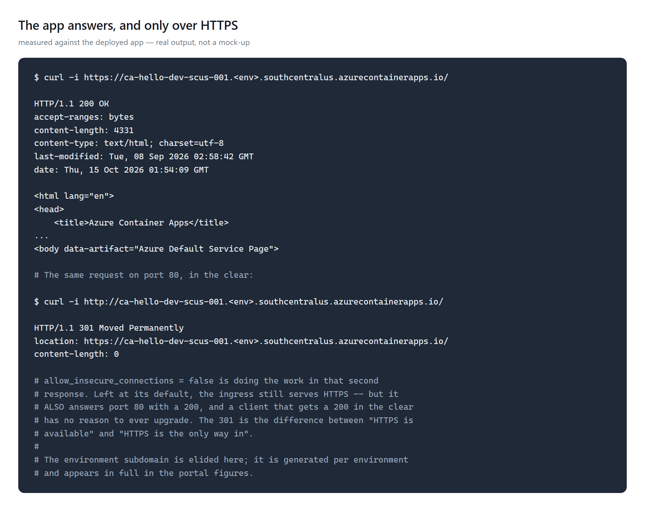 Terminal output: curl -i against the app over HTTPS returns HTTP/1.1 200 OK with content-length 4331 and the Azure Container Apps default page; the same request on port 80 returns HTTP/1.1 301 Moved Permanently with a location header pointing at the HTTPS URL