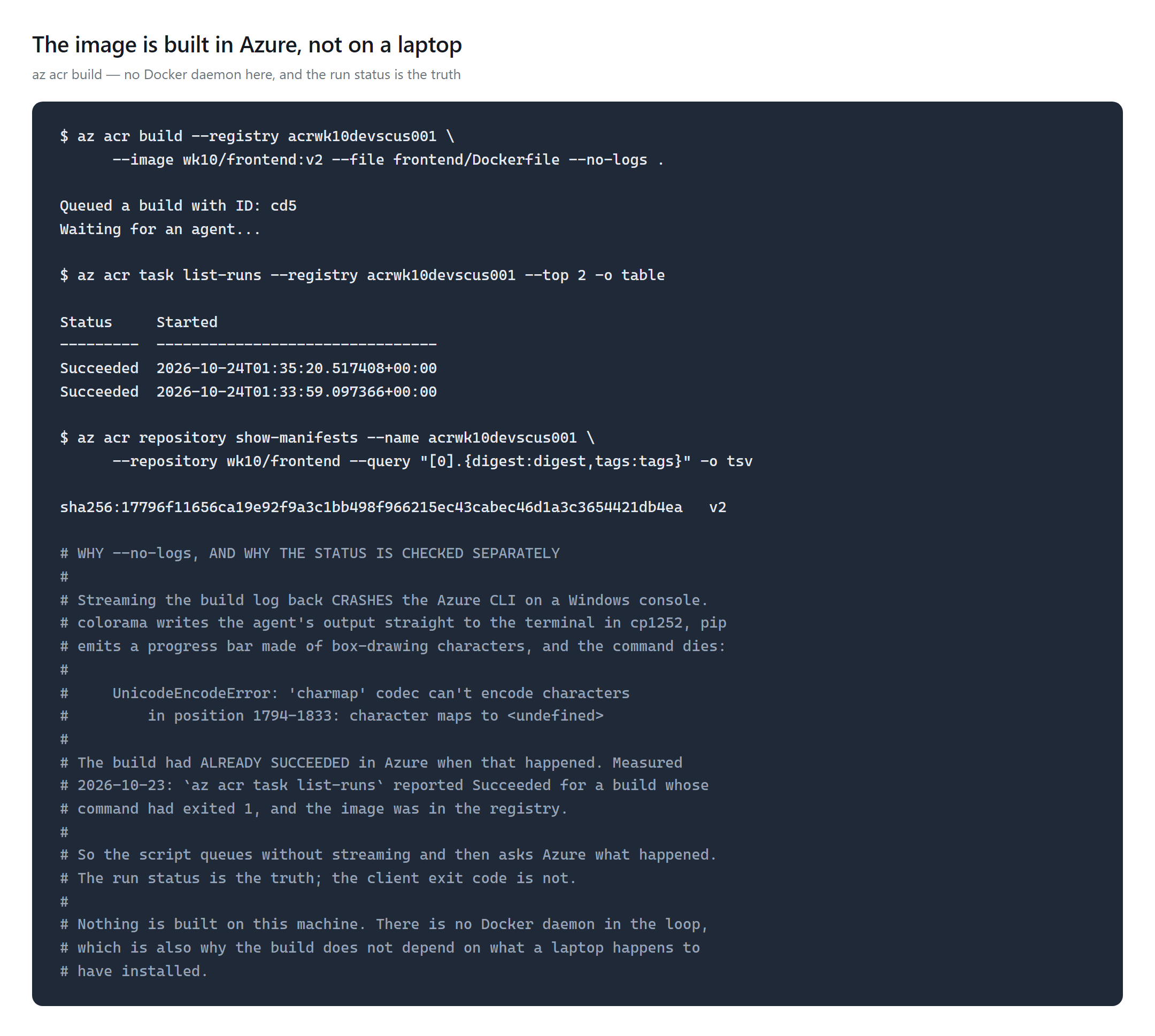 Terminal output of az acr build with --no-logs, followed by az acr task list-runs showing Succeeded and az acr repository show-manifests showing the sha256 digest and the v2 tag