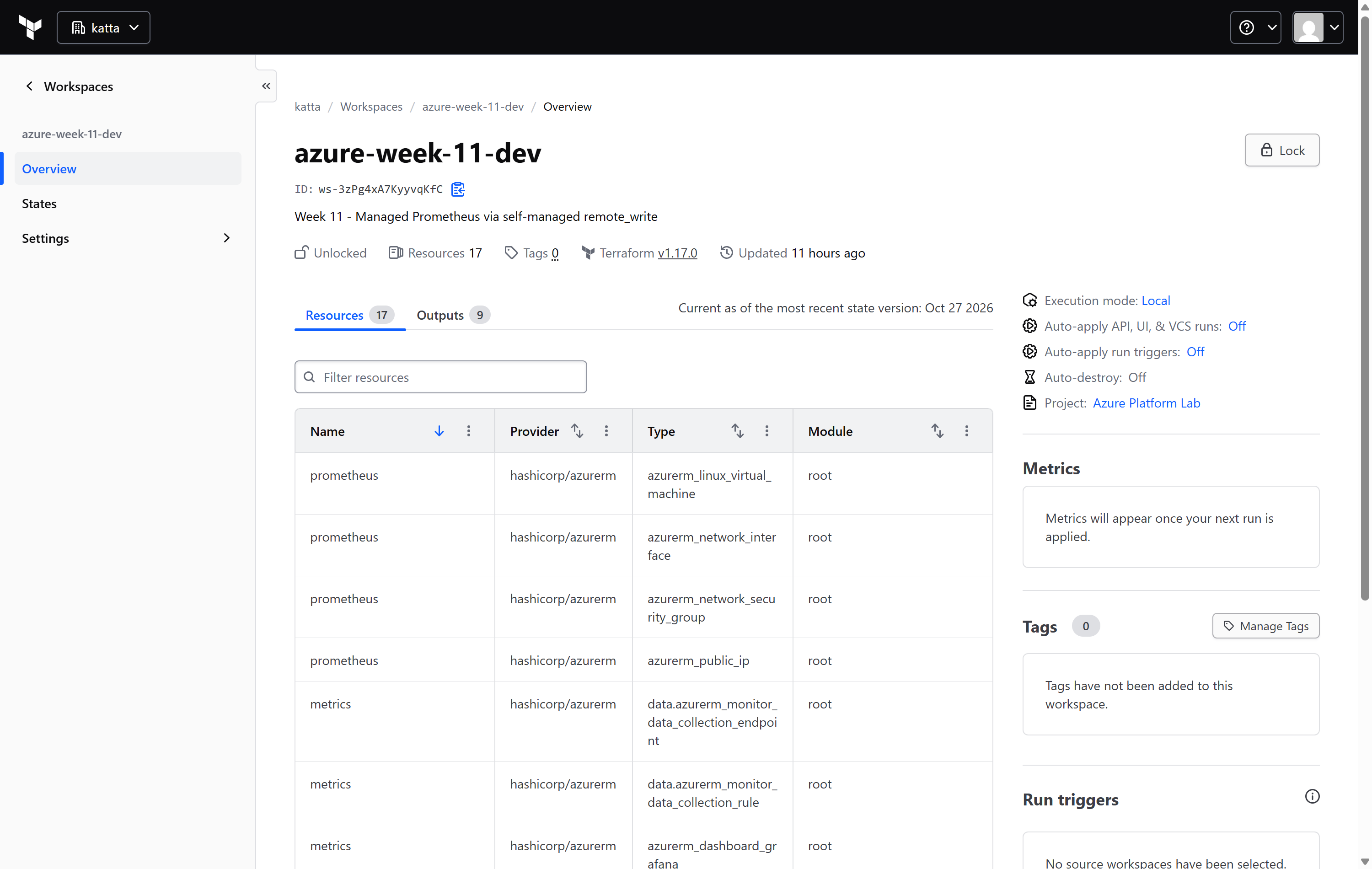 HCP Terraform workspace azure-week-11-dev showing execution mode Local, the resource count, and the outputs for the week