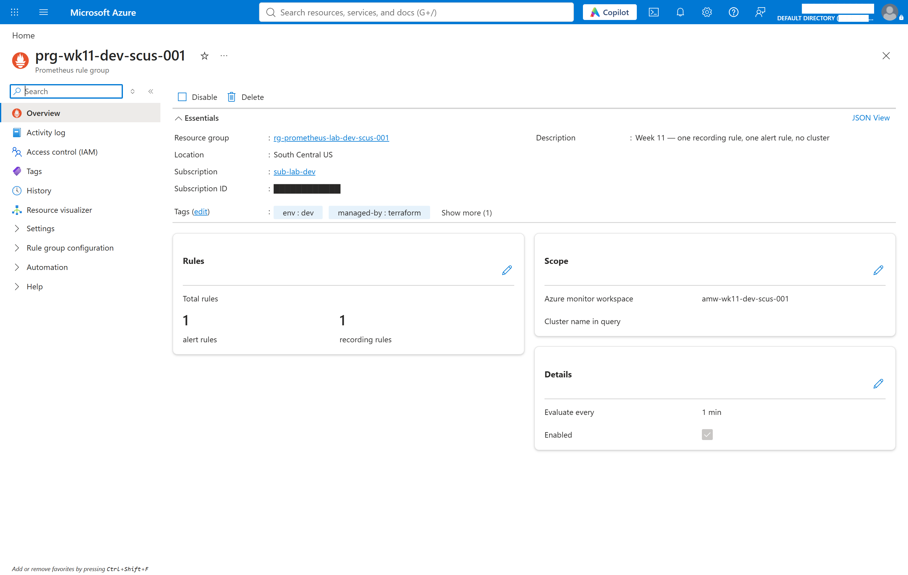 Azure portal Prometheus rule groups blade showing the week 11 rule group with one recording rule and one alert rule, scoped to the Azure Monitor workspace, with no cluster named