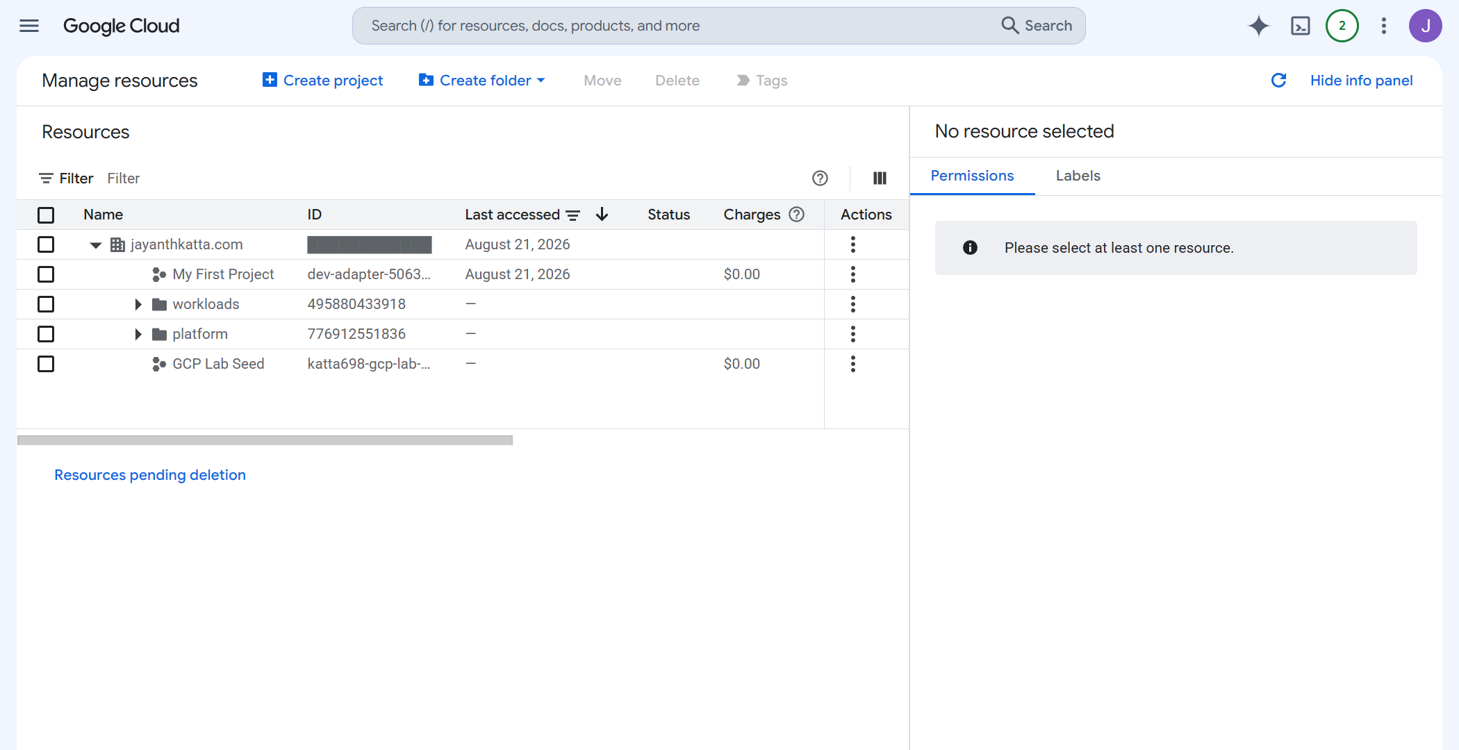 Google Cloud Manage resources page showing the organization with platform and workloads folders and the lab seed project